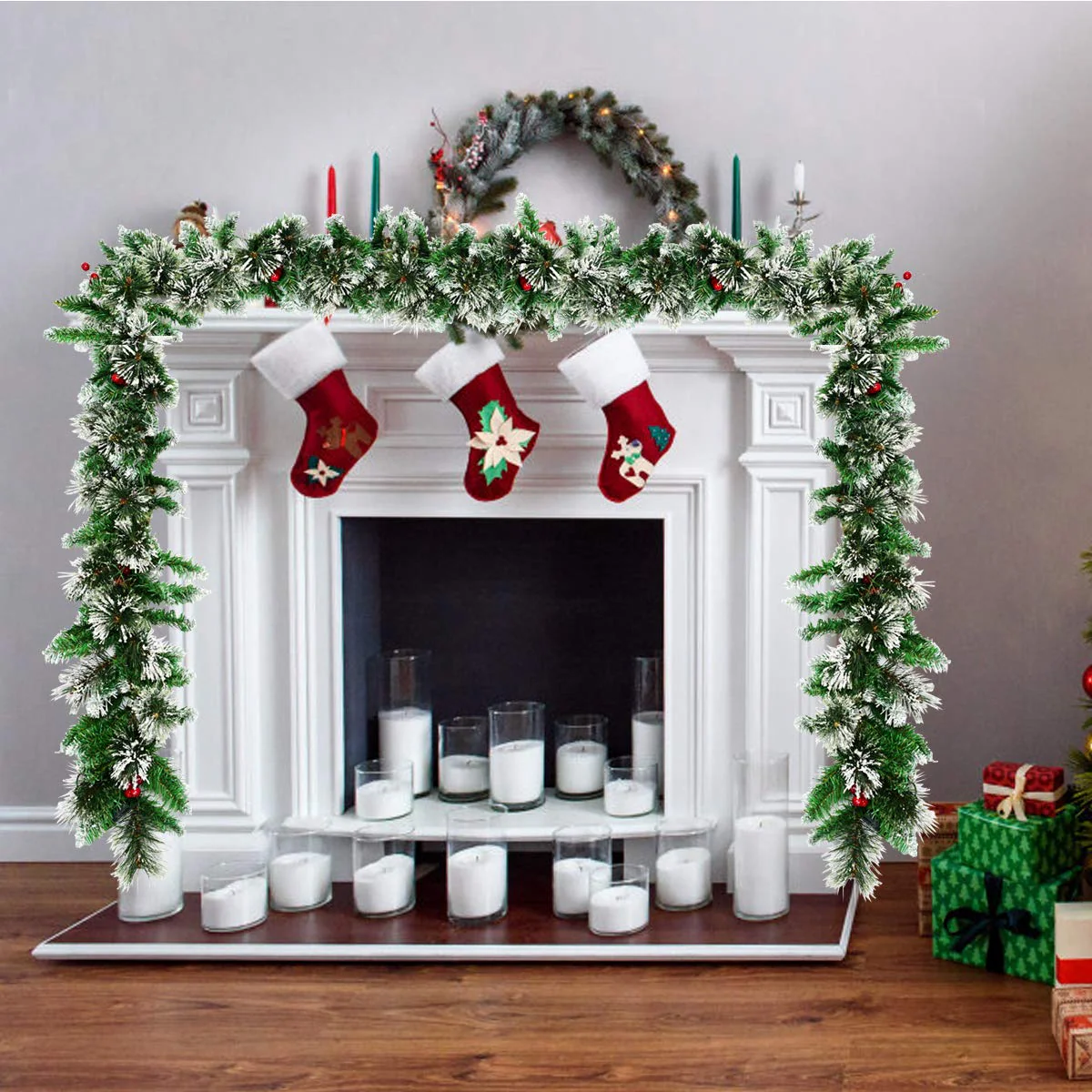 Goplus 9FT Pre-lit Christmas Garland, Artificial Christmas Pine Rattan w/Timer - Image 2