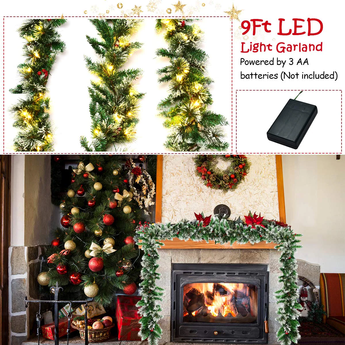 Goplus 9FT Pre-lit Christmas Garland, Artificial Christmas Pine Rattan w/Timer - Image 3