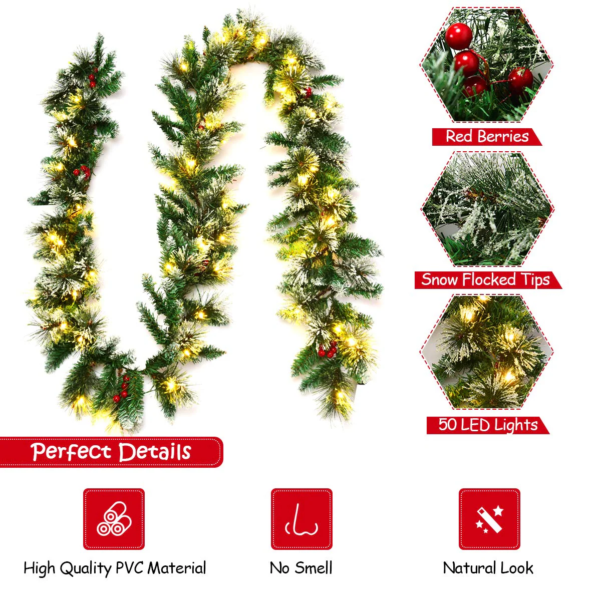 Goplus 9FT Pre-lit Christmas Garland, Artificial Christmas Pine Rattan w/Timer - Image 4