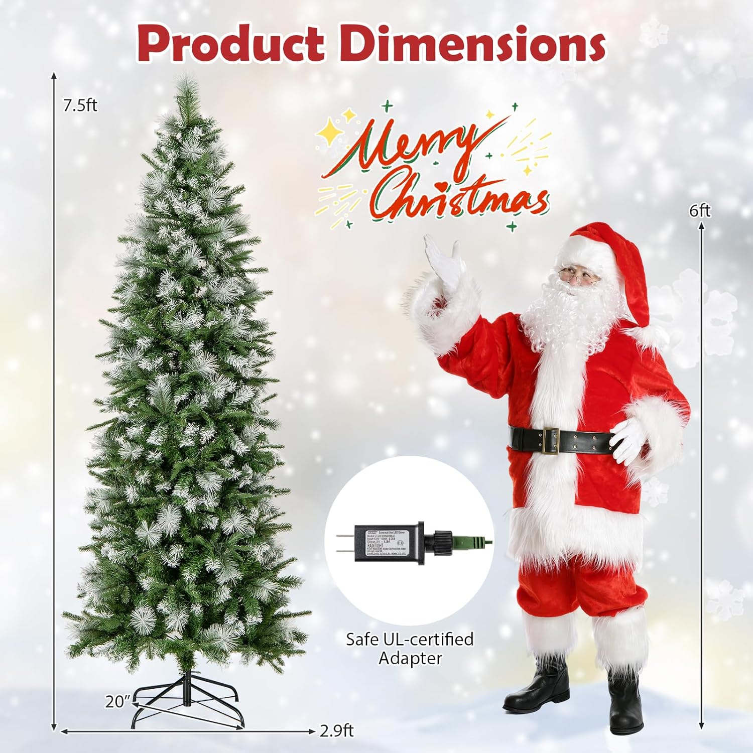 Goplus 6ft / 7.5ft / 9ft Pre-Lit Pencil Christmas Tree with Flocked Frosted Tips & LED Lights - Image 10