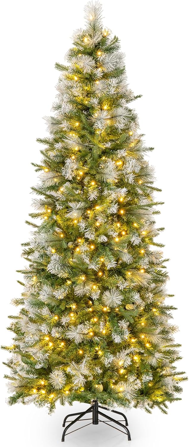 Goplus 6ft / 7.5ft / 9ft Pre-Lit Pencil Christmas Tree with Flocked Frosted Tips & LED Lights - Image 11