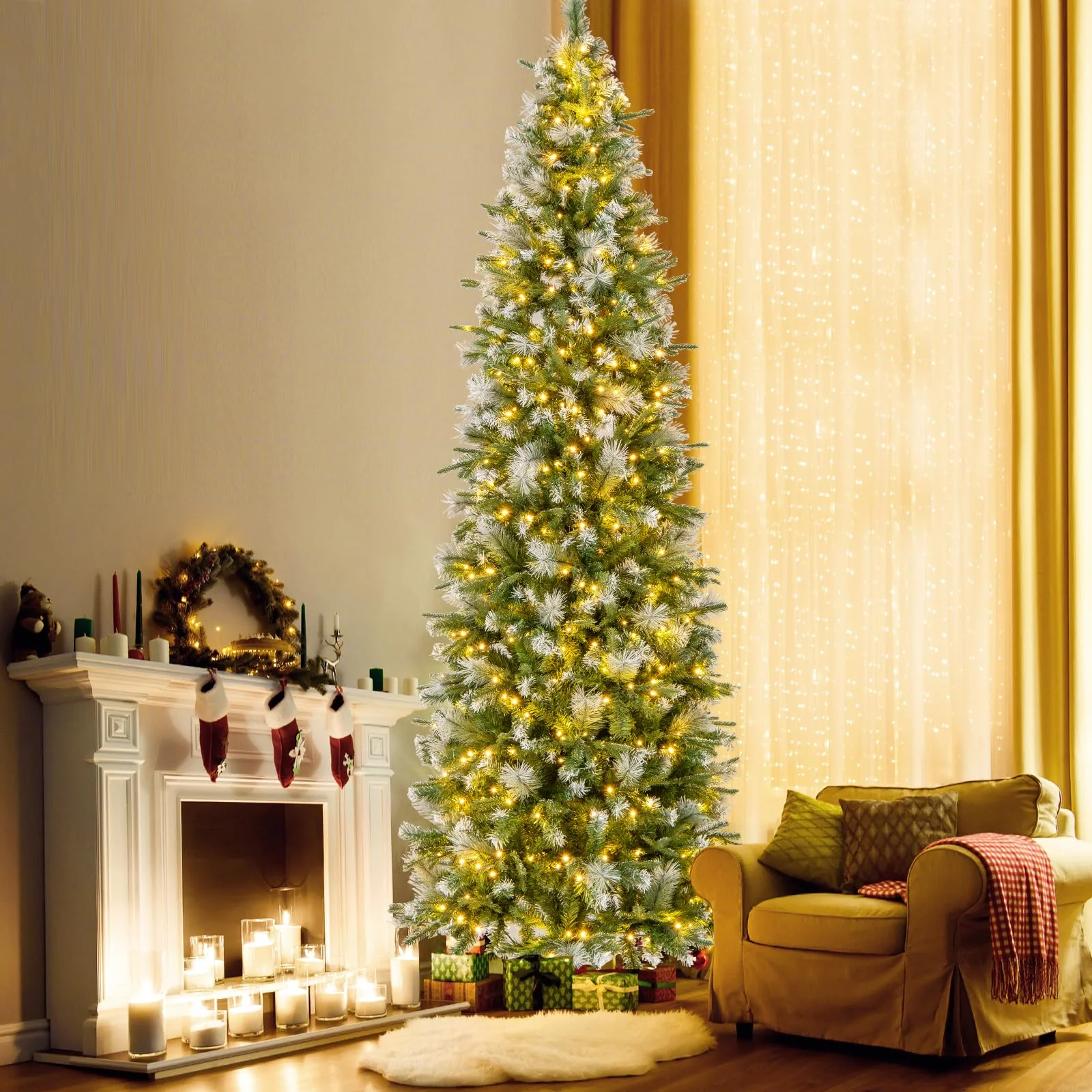 Goplus 6ft / 7.5ft / 9ft Pre-Lit Pencil Christmas Tree with Flocked Frosted Tips & LED Lights - Image 6