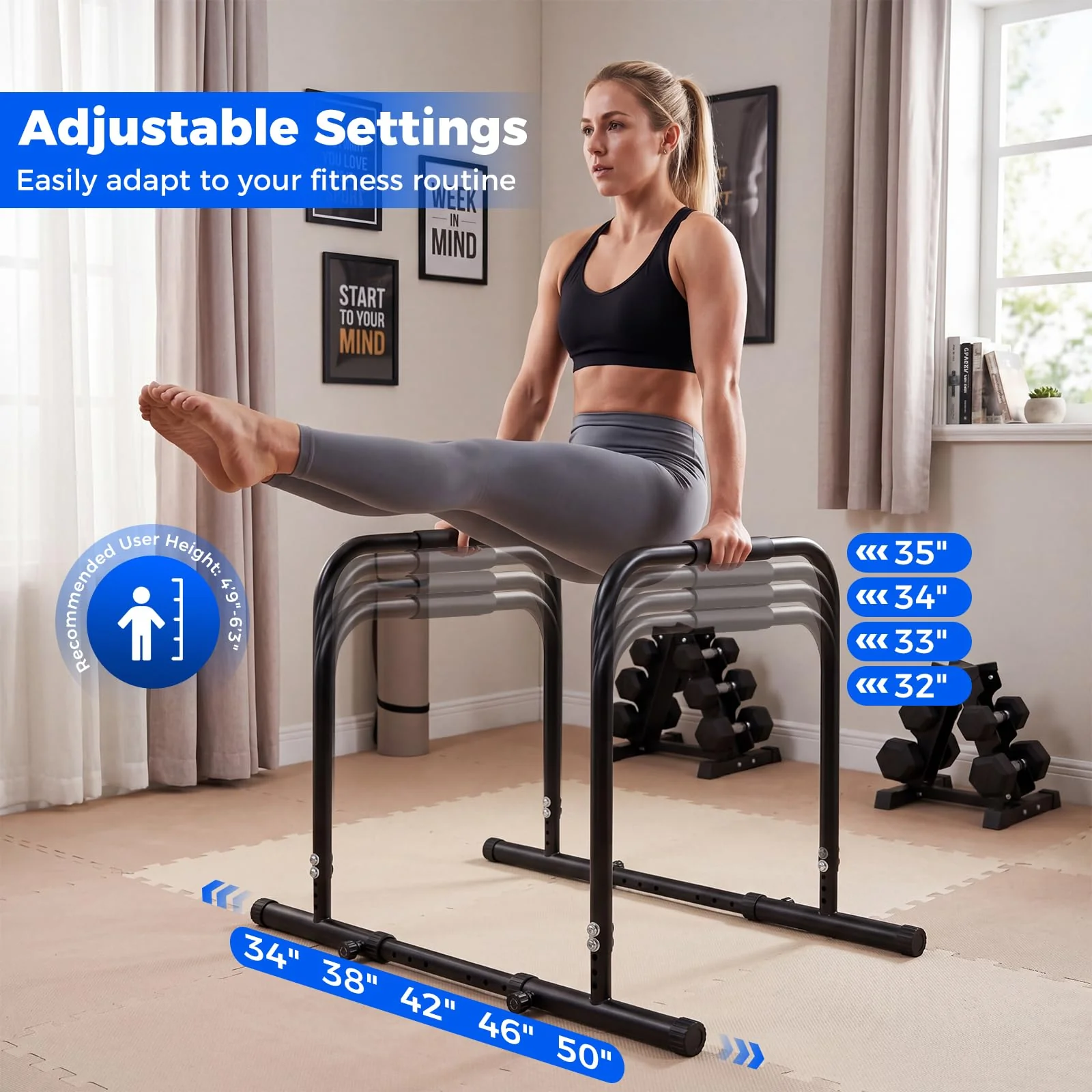 Goplus Adjustable Dip Bar Heavy Duty Parallette Push Up Stand with 660 LBS Capacity - Image 3