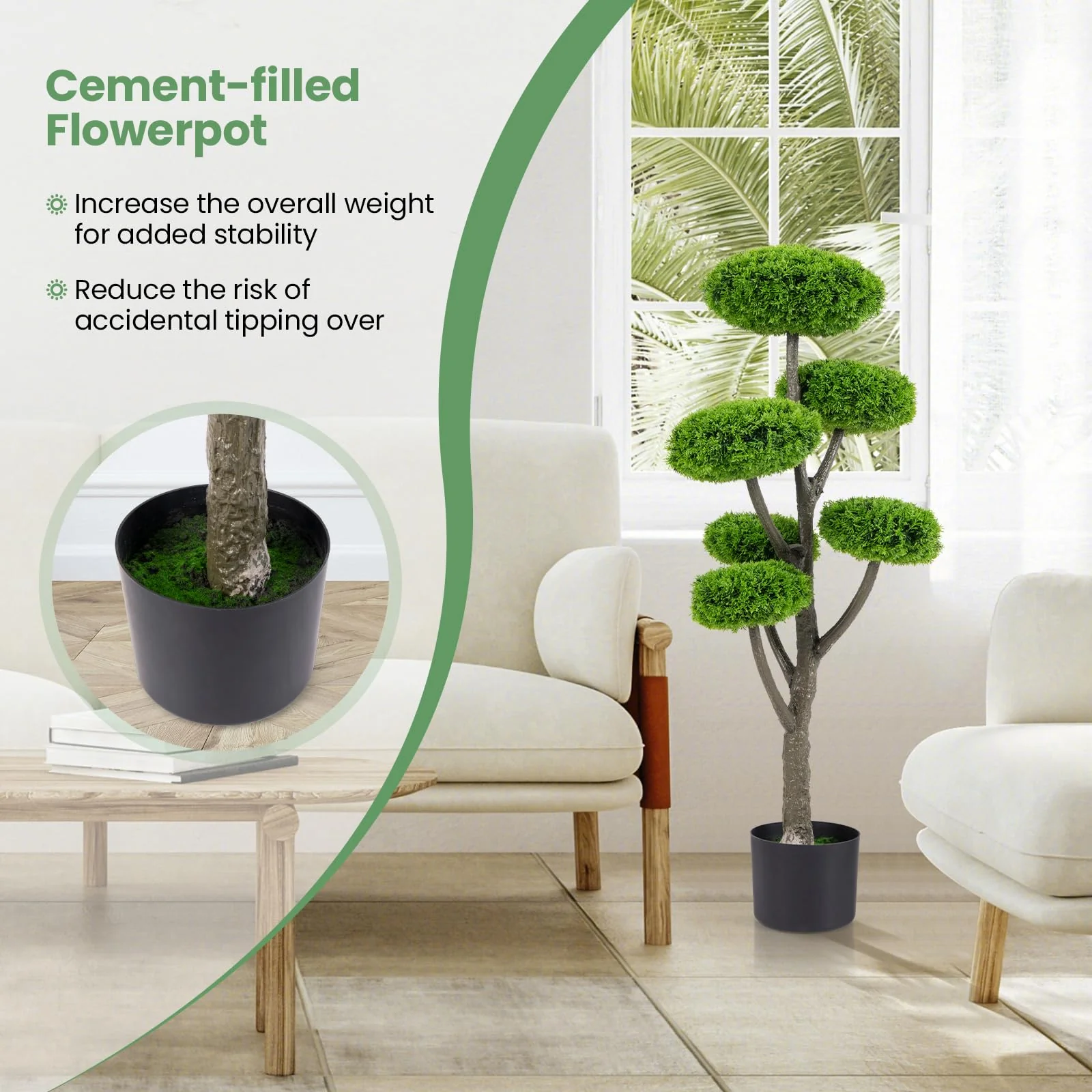 Goplus Artificial Cypress Topiary Tree, 44’’ Tall Artificial Plant, Indoor/Outdoor Topiary Trees with Cement Pot - Image 4
