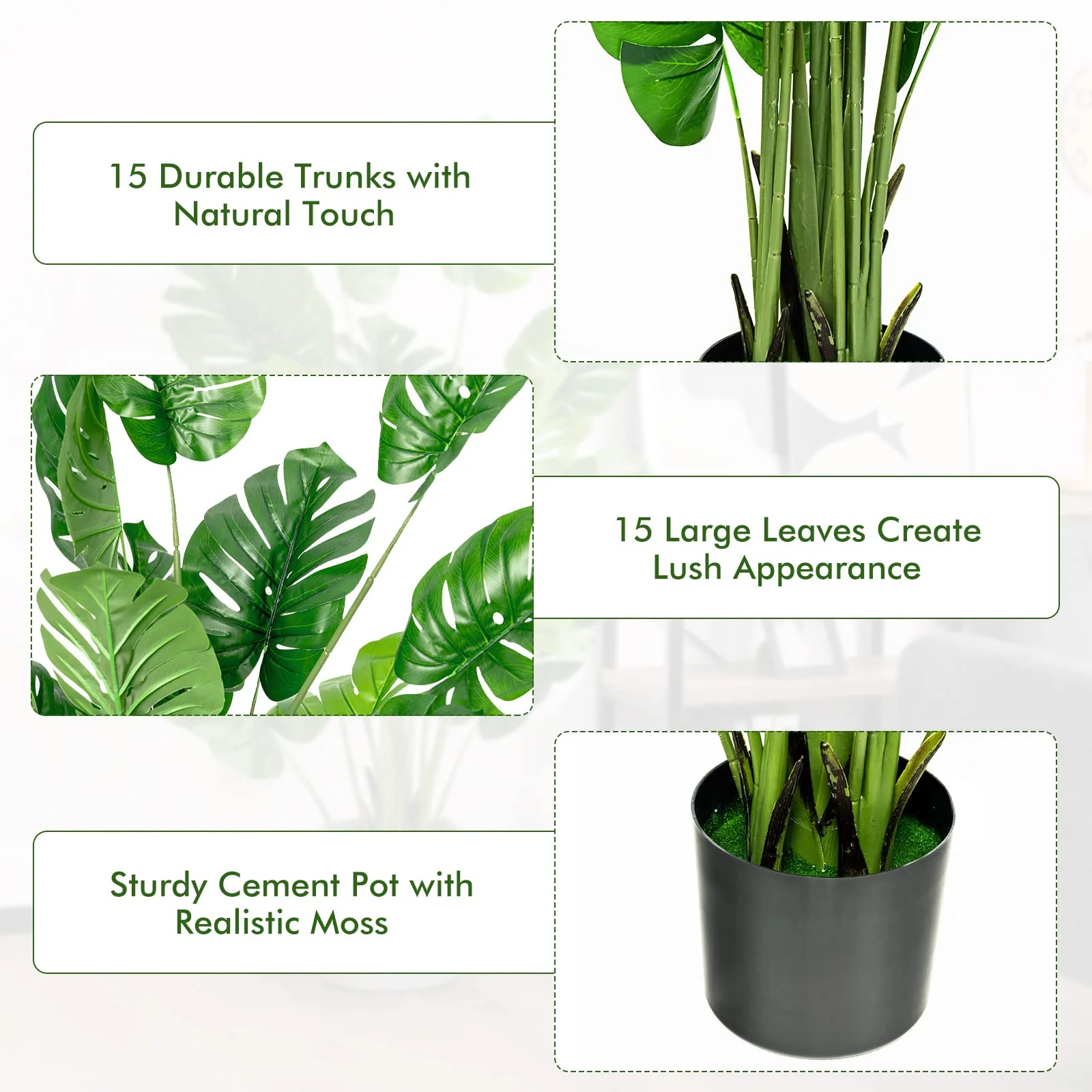Goplus Artificial Monstera Deliciosa Plant, 5ft Tall Fake Tropical Palm Tree w/15 Pcs Different Turtle Leaves - Image 4