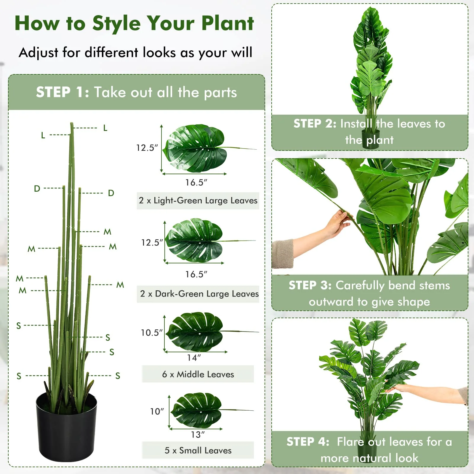 Goplus Artificial Monstera Deliciosa Plant, 5ft Tall Fake Tropical Palm Tree w/15 Pcs Different Turtle Leaves - Image 7