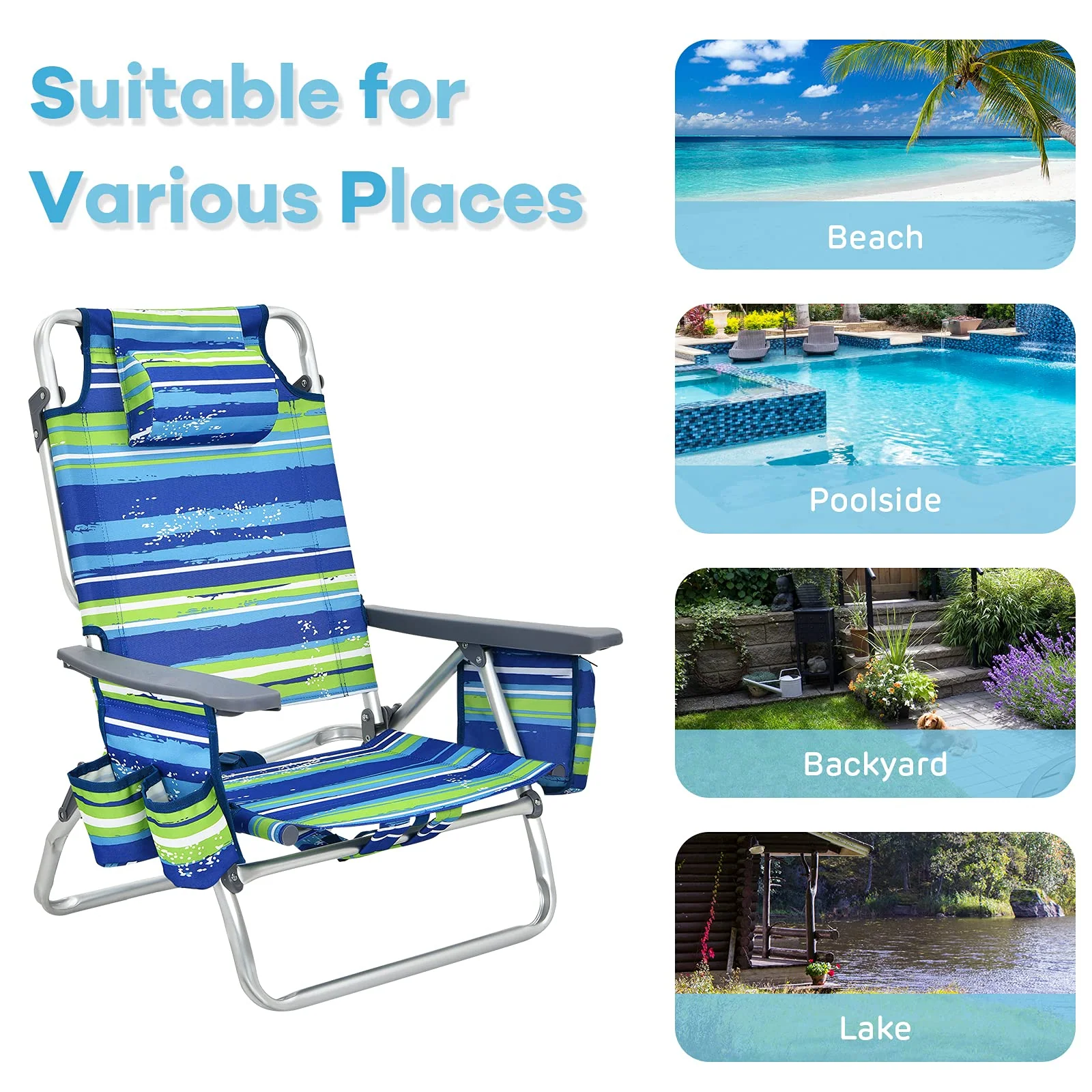 Goplus Backpack Beach Chairs, 2 Pcs Portable Camping Chairs with Cool Bag and Cup Holder (Without Side Table) - Image 7