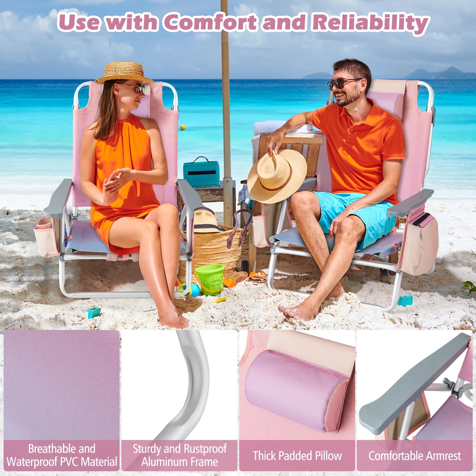 Goplus Backpack Beach Chairs, 4 Pcs Portable Camping Chairs with Cool Bag and Cup Holder - Image 7