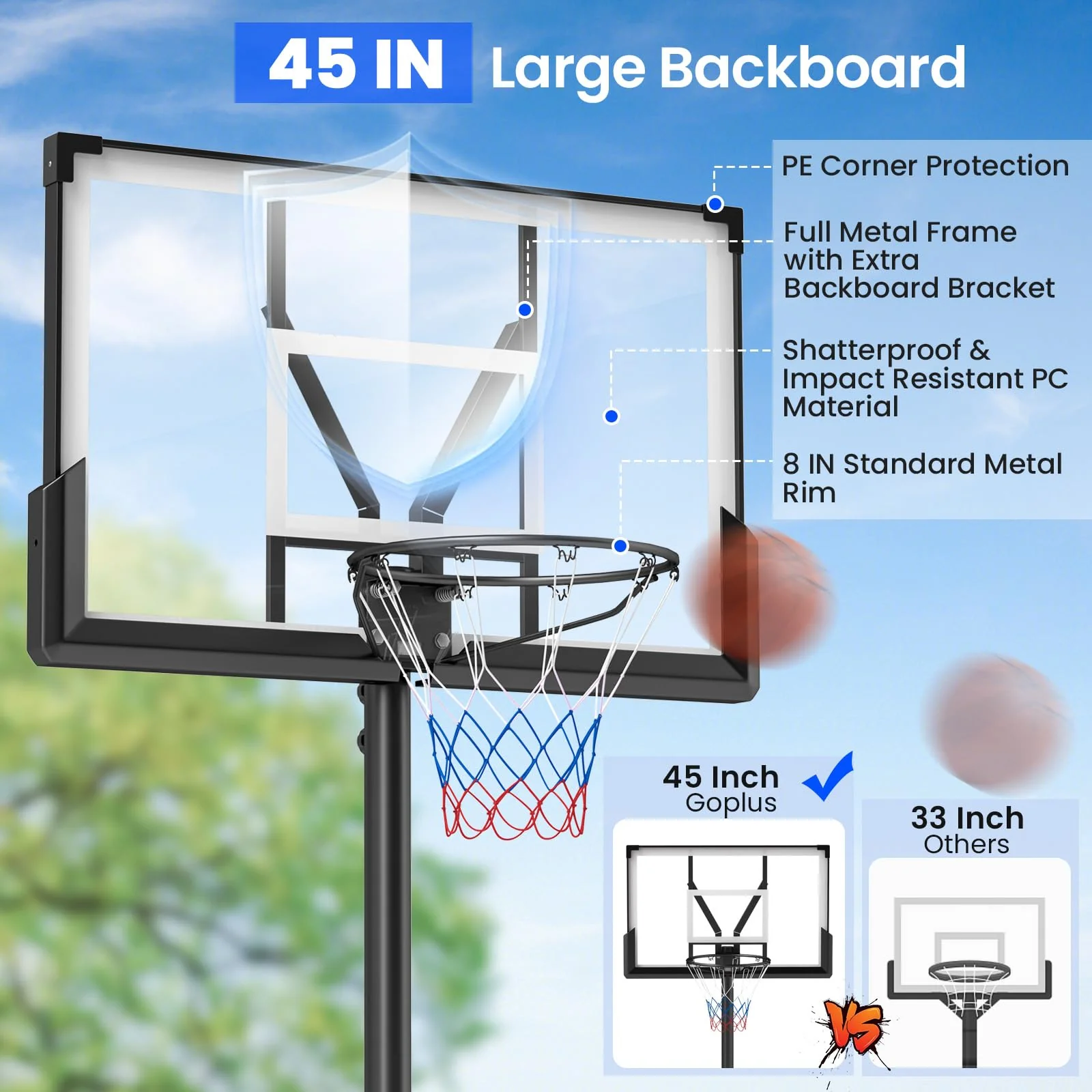 Goplus Basketball Hoop Outdoor, 4.1-10 FT Height Adjustable Basketball Goal System with 45 Inch Shatterproof PC Backboard - Image 3