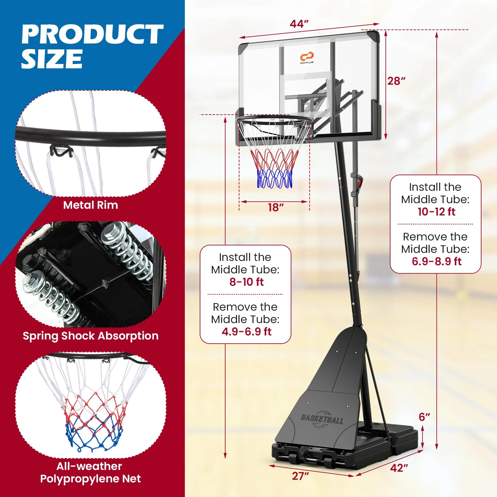 Goplus Basketball Hoop Outdoor, 4.9-10 FT Quickly Height Adjusted Basketball Goal System with 44 Inch PC Backboard - Image 6
