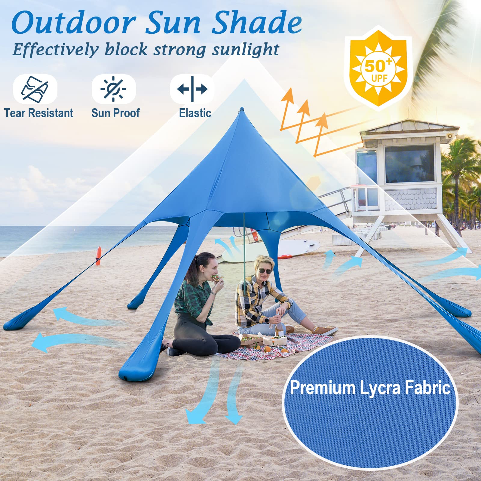 Goplus Beach Canopy, 20 x 20 FT Beach Shade with UPF50+ Sun Protection, Carrying Bag, Sand Shovel, Aluminum Pole, 6 Ground Stake - Image 2