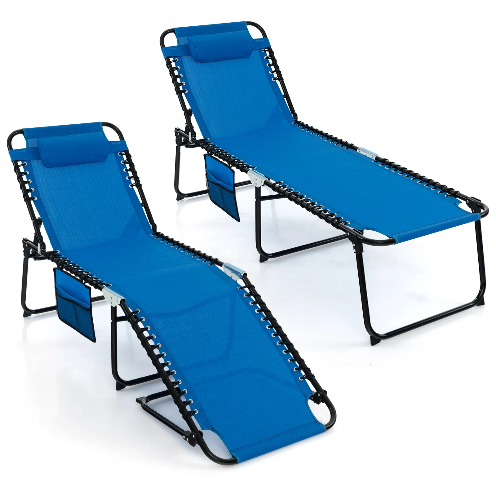 Patio Folding Chaise Lounge, Portable Lay Flat Reclining Chair w/ 4-Level Backrest, Side Pocket & Detachable Headrest - Image 14