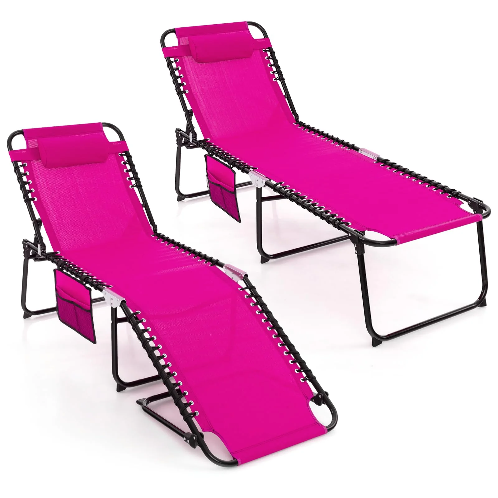 Patio Folding Chaise Lounge, Portable Lay Flat Reclining Chair w/ 4-Level Backrest, Side Pocket & Detachable Headrest - Image 26