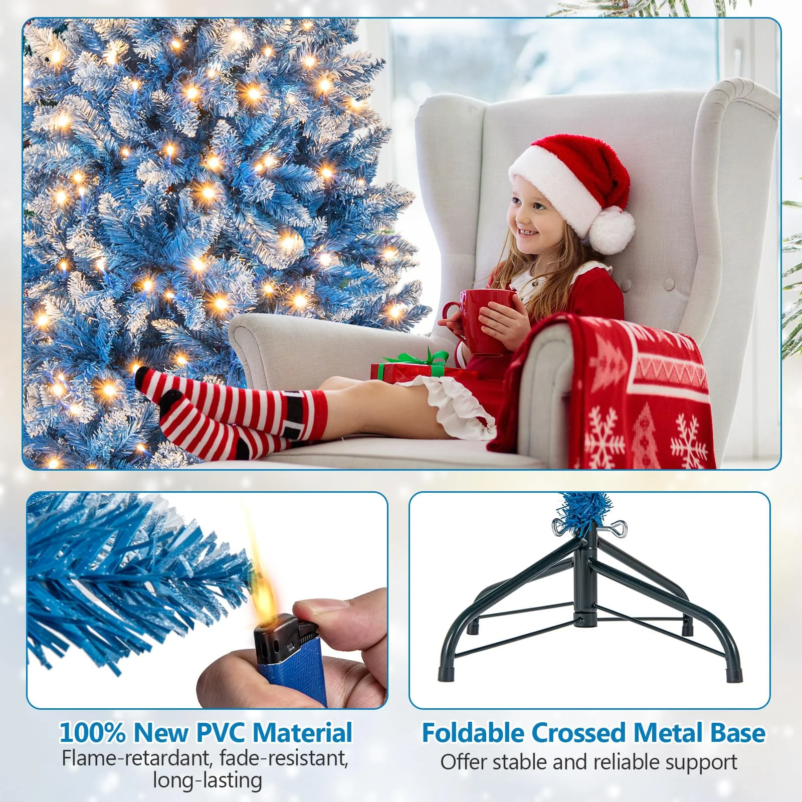 Goplus Blue Hinged Xmas Tree with Frosted PVC Branch Tips & Warm White LED Lights - Image 5