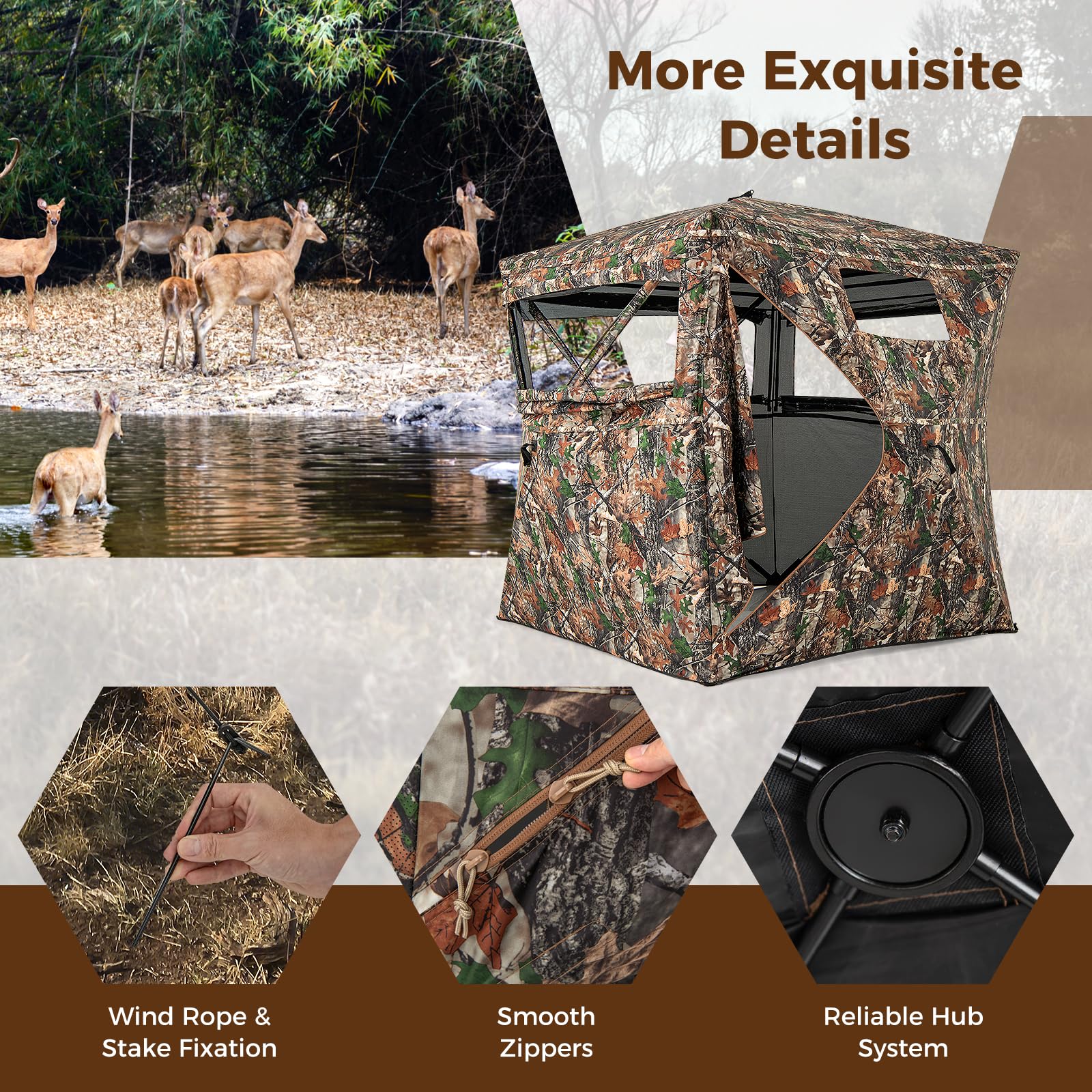 Goplus Camouflage Hunting Blind for 3-4 People, One-Way See-Through Hunting Tent w/270° Viewing Range - Image 8