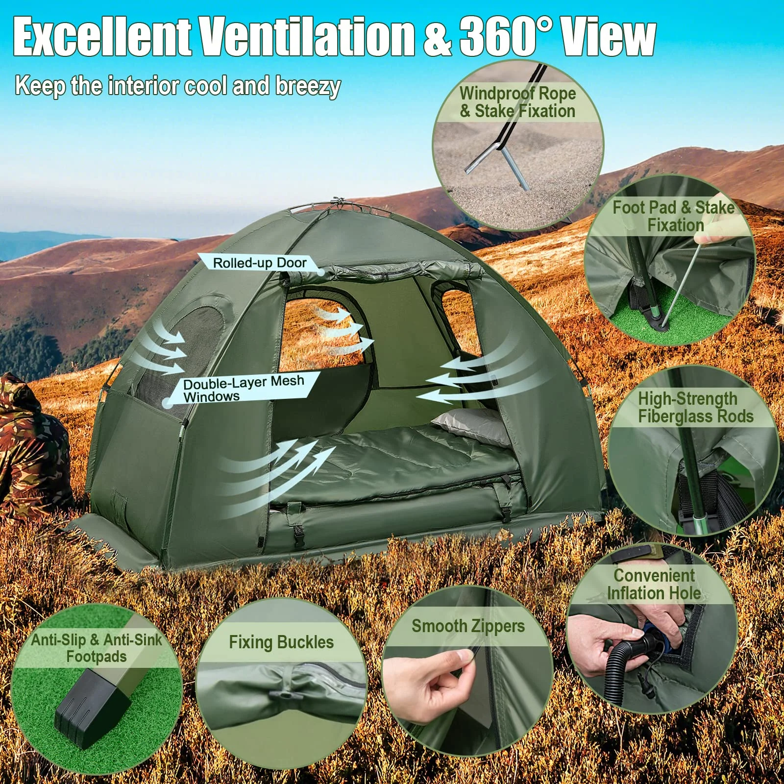 Goplus Camping Tent Cot, 5-in-1 Folding Camping Bed with Air Mattress, Pillow, Sleeping Bag - Image 3