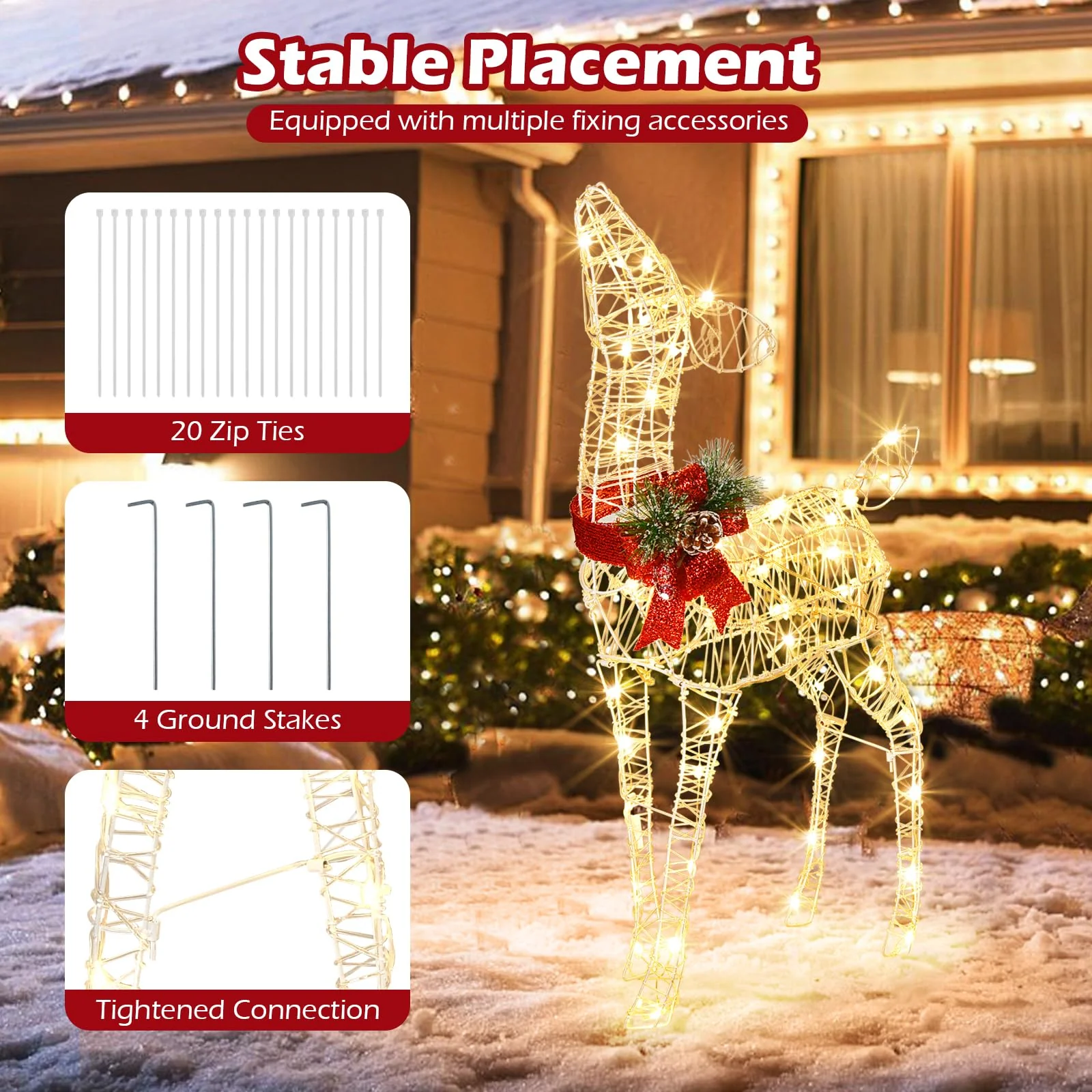 Goplus Christmas Pre-Lit Reindeer, Lighted Baby Deer w/ 50 Warm White LED Lights & Red Bow - Image 7