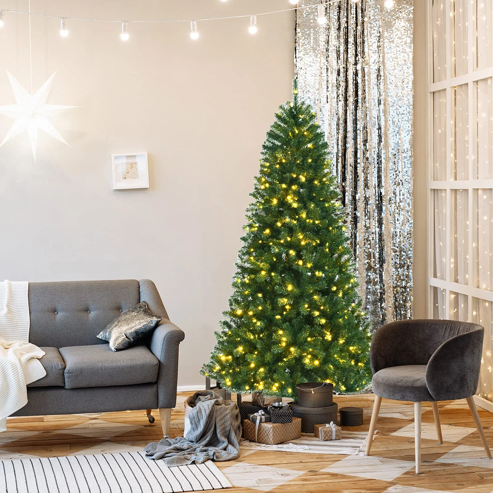Goplus Christmas Tree, Hinged Remote Control Artificial Xmas Tree, Residential and Commercial Decoration for Indoor - Image 2