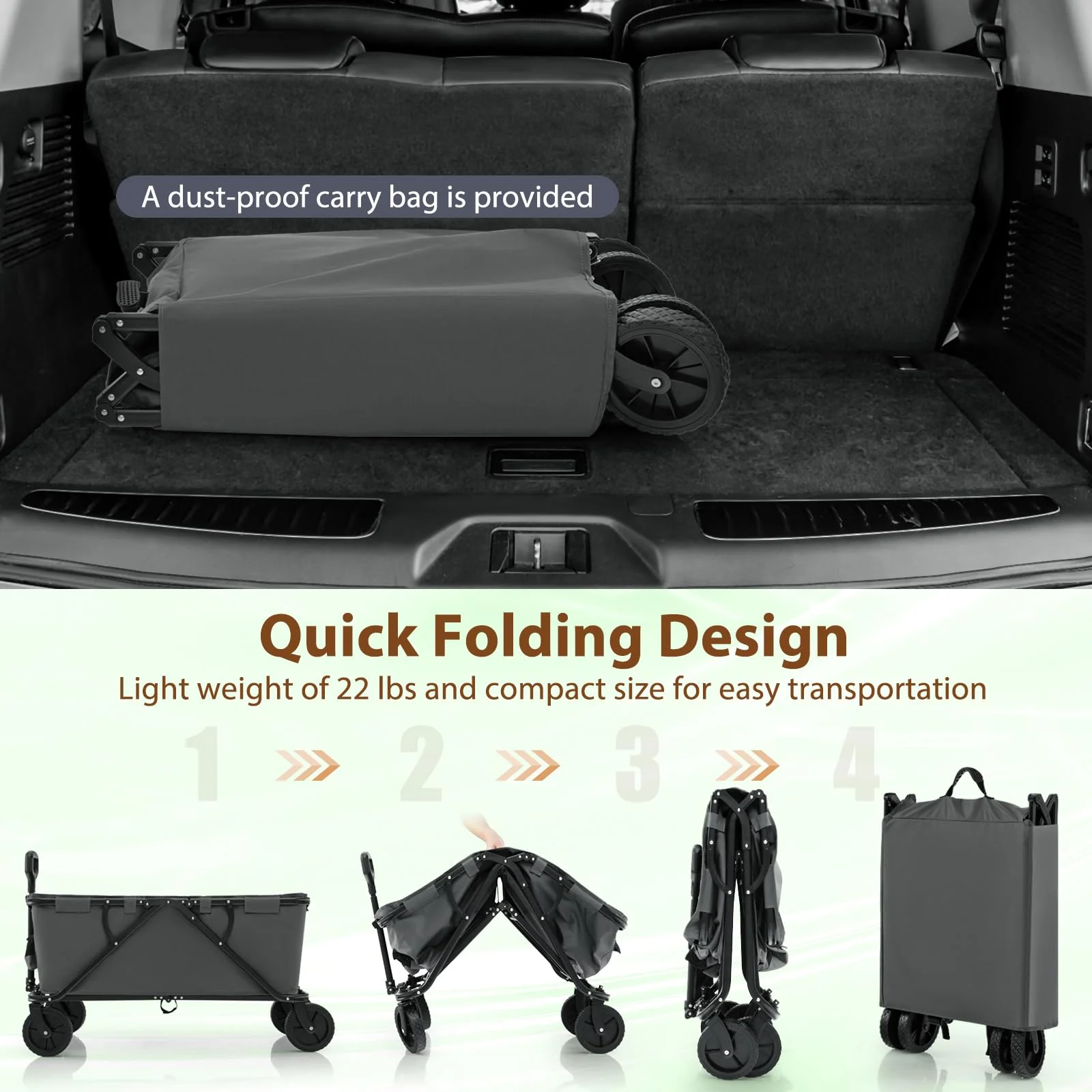 Goplus Collapsible Foldable Wagon, Heavy-Duty Wagon Cart w/Adjustable Handlebar, Bottle Holders & Storage Pocket - Image 5