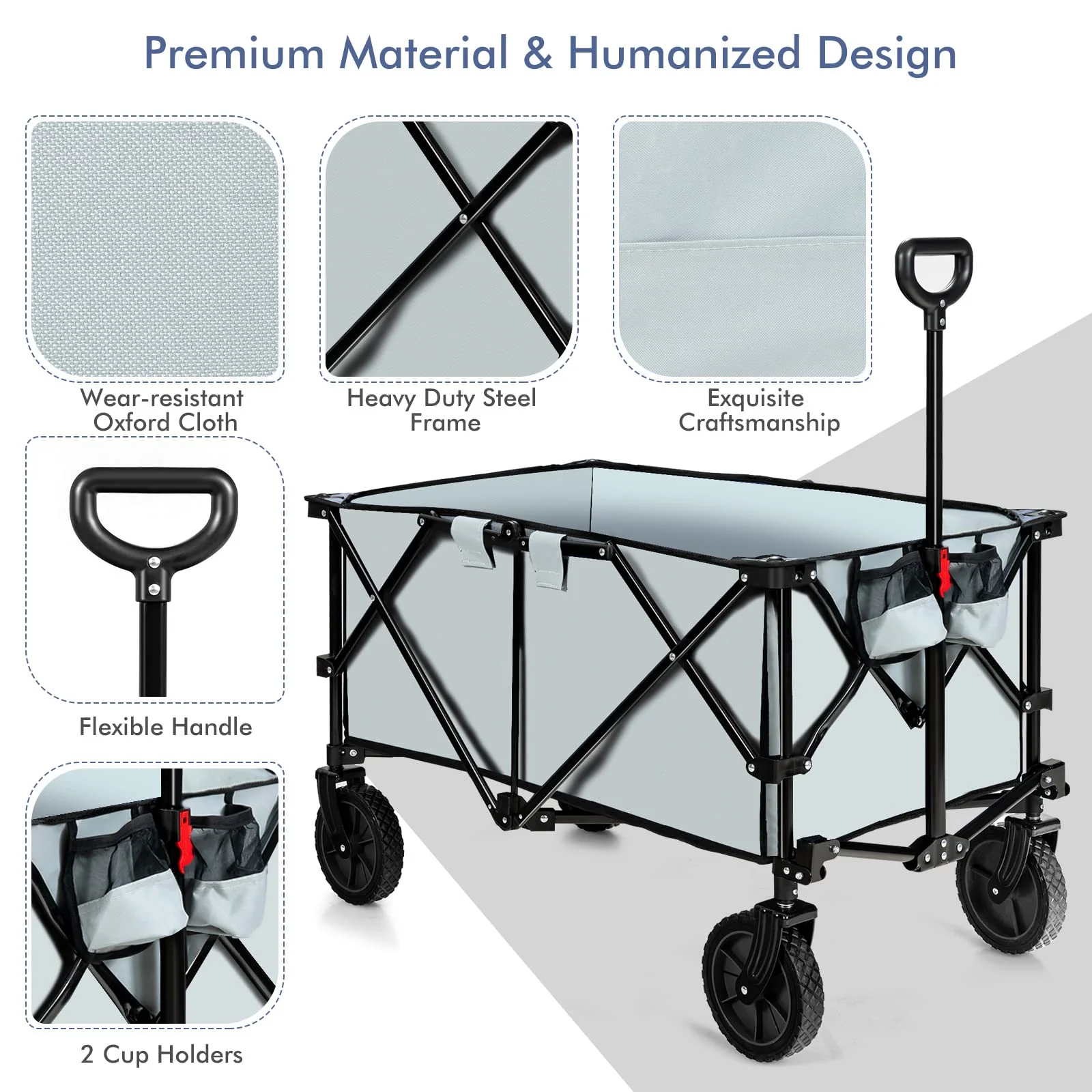 Goplus Collapsible Wagon, Folding Utility Wagon Cart w/Universal Wheels & Adjustable Handle & Cover Bag - Image 4