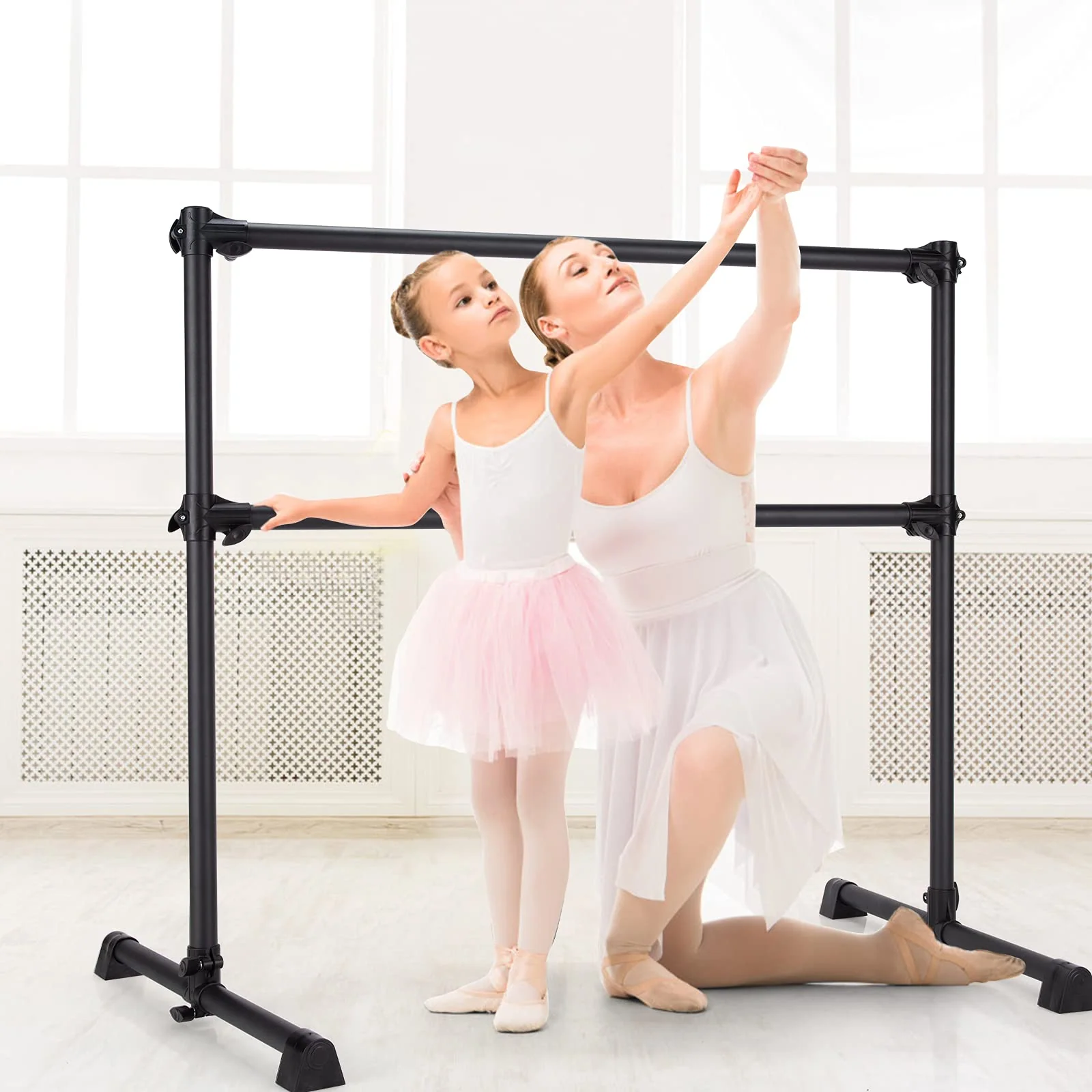 Goplus Double Ballet Barre Bar, Portable 4 FT Freestanding Dancing Bar w/ 7" - 46" Adjustable Height - Image 2