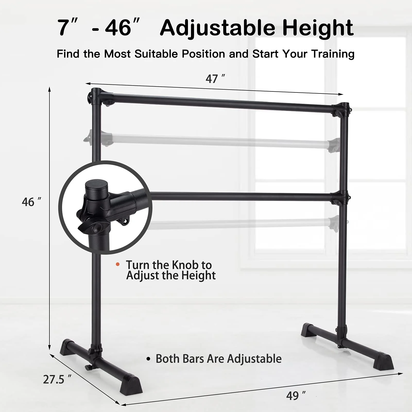 Goplus Double Ballet Barre Bar, Portable 4 FT Freestanding Dancing Bar w/ 7" - 46" Adjustable Height - Image 7