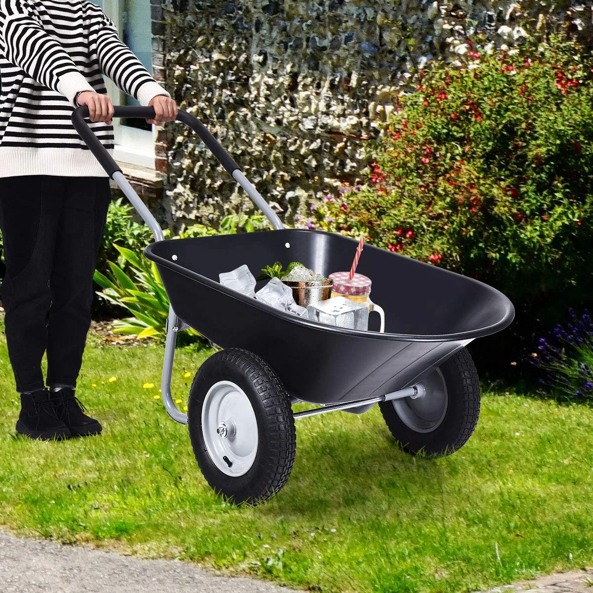 Goplus Dual Wheel Wheelbarrow, Heavy Duty Garden Cart, 330 lbs Capacity Utility Cart - Image 7