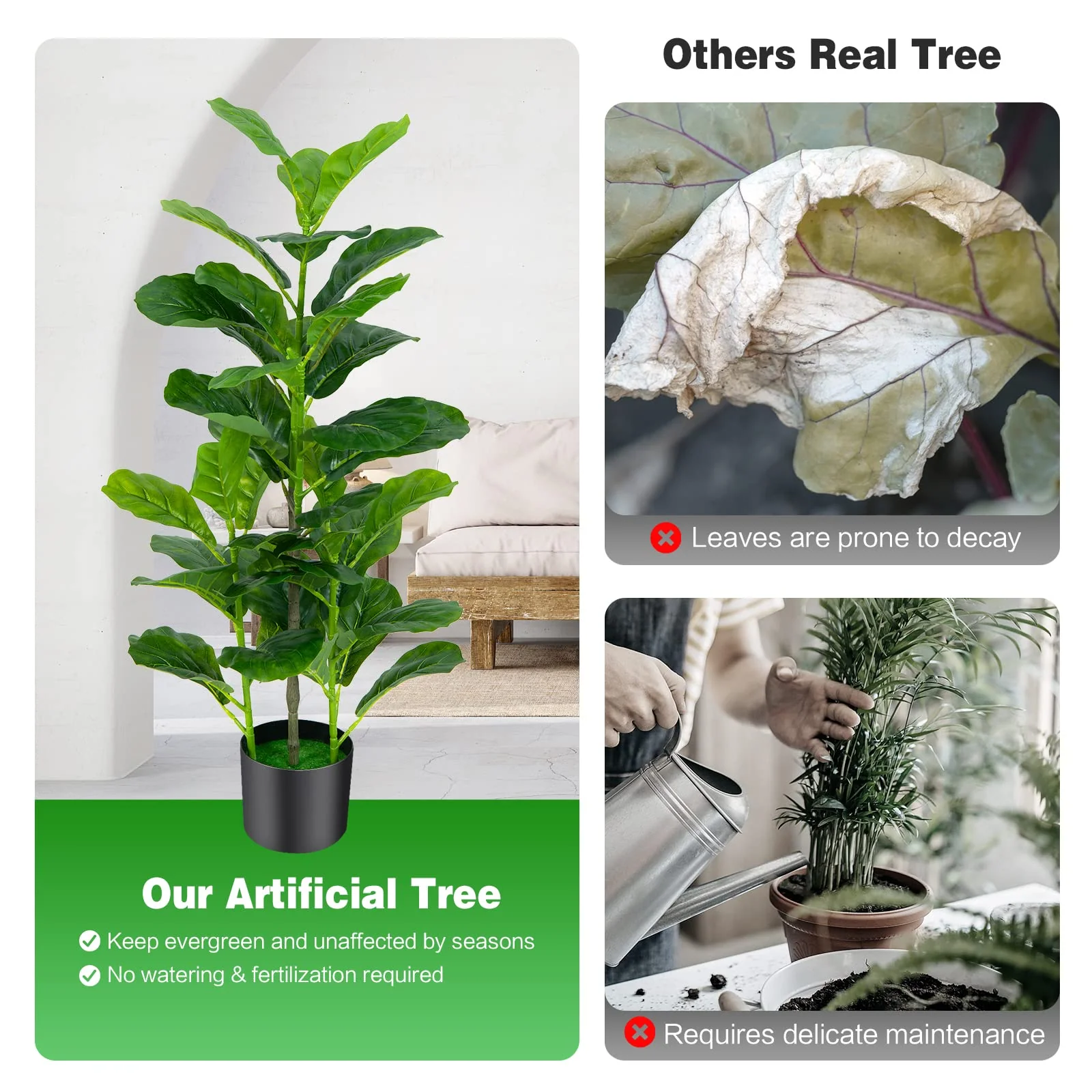 Goplus Fake Fiddle Leaf Fig Tree, 2-Pack 3.3 FT Tall Artificial Tree Greenery Plants in Pots W/40 Leaves - Image 6