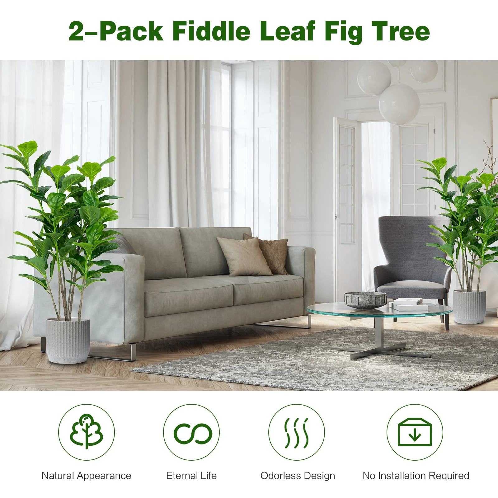 Goplus Fake Fiddle Leaf Fig Tree, 2-Pack 51'' Tall Artificial Tree Greenery Plants in Pots W/100 Leaves - Image 3