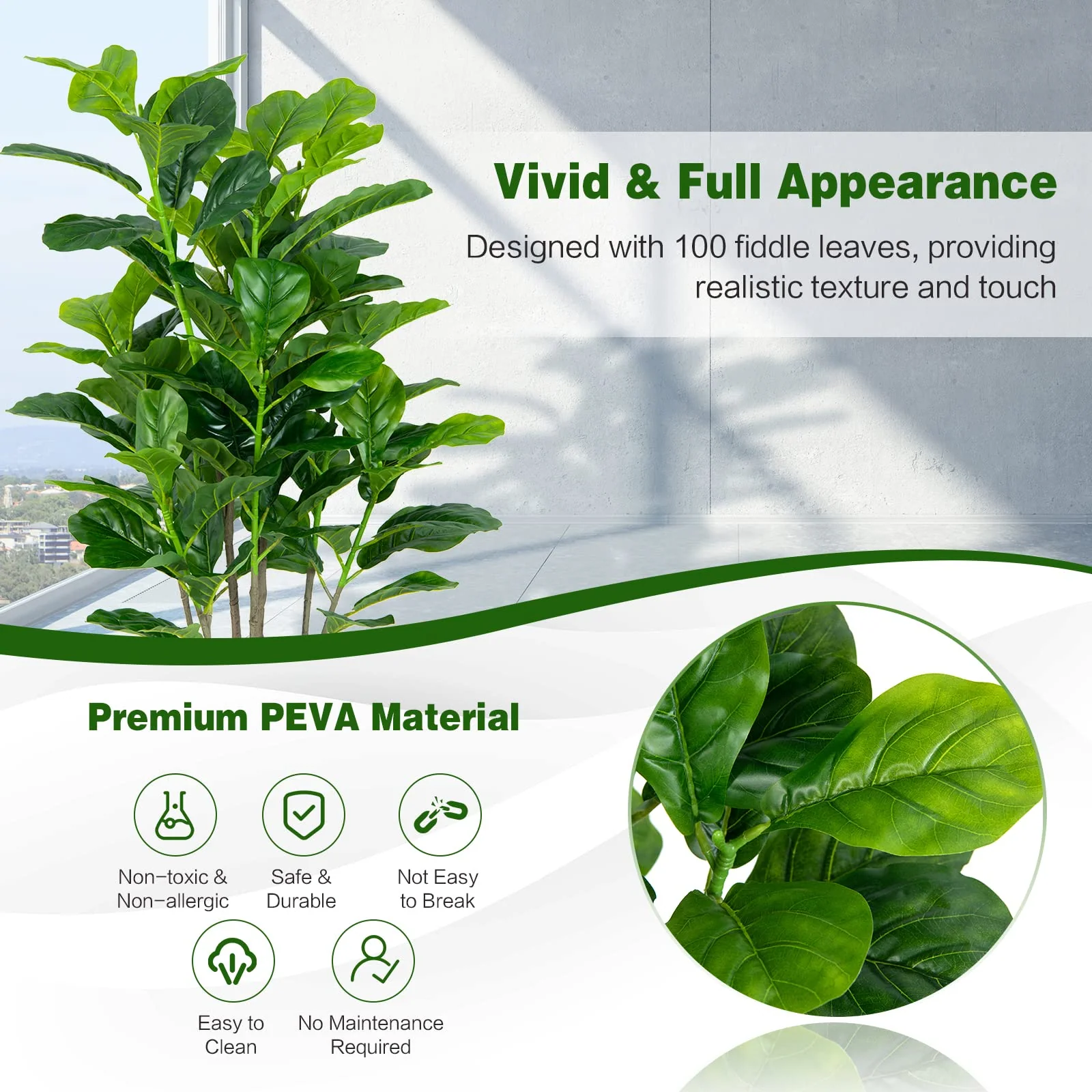 Goplus Fake Fiddle Leaf Fig Tree, 2-Pack 51'' Tall Artificial Tree Greenery Plants in Pots W/100 Leaves - Image 4