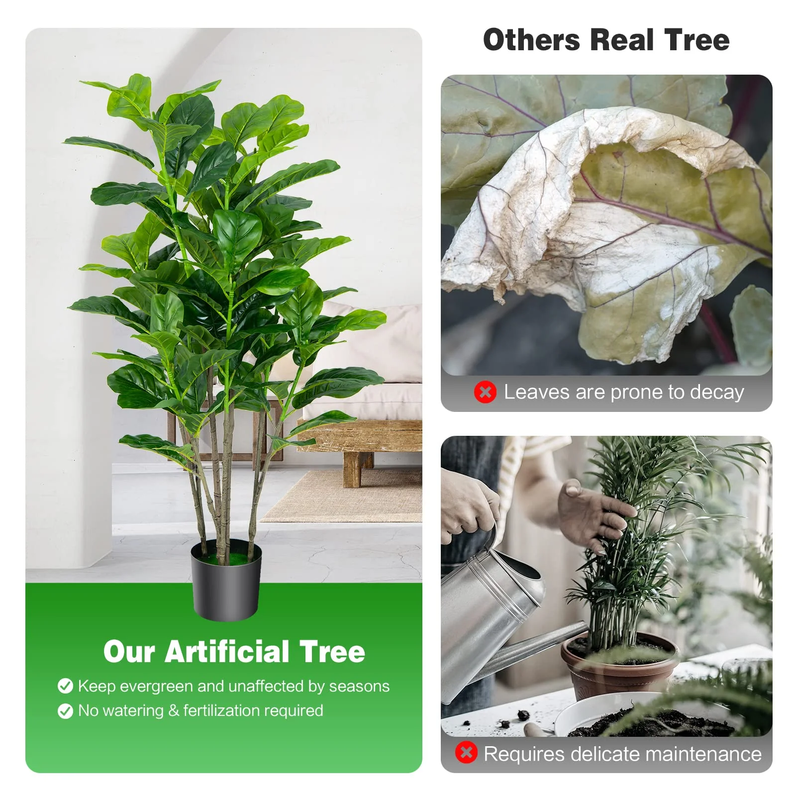 Goplus Fake Fiddle Leaf Fig Tree, 2-Pack 51'' Tall Artificial Tree Greenery Plants in Pots W/100 Leaves - Image 6