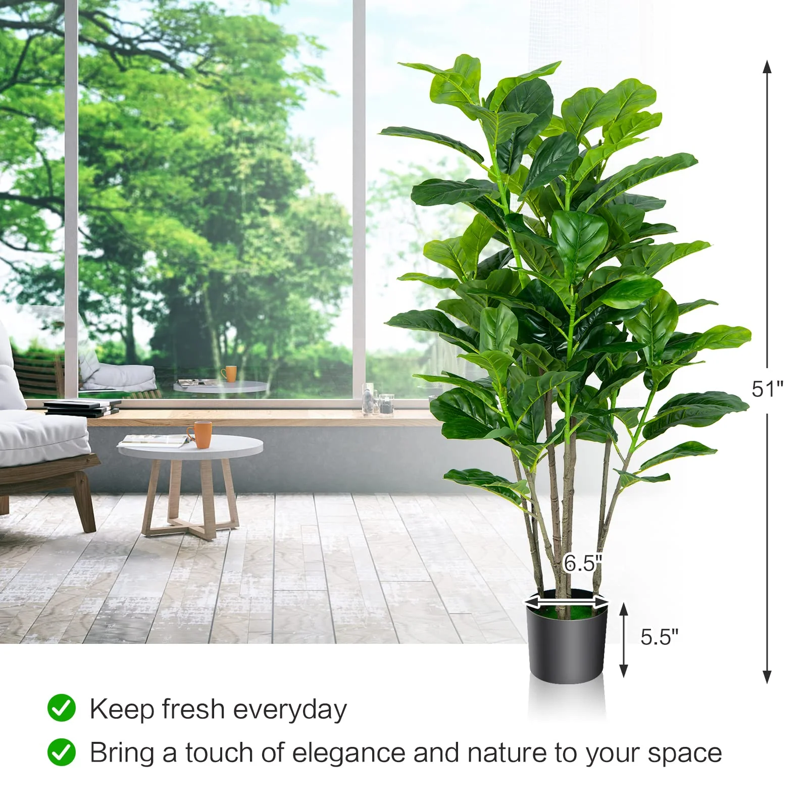 Goplus Fake Fiddle Leaf Fig Tree, 2-Pack 51'' Tall Artificial Tree Greenery Plants in Pots W/100 Leaves - Image 7