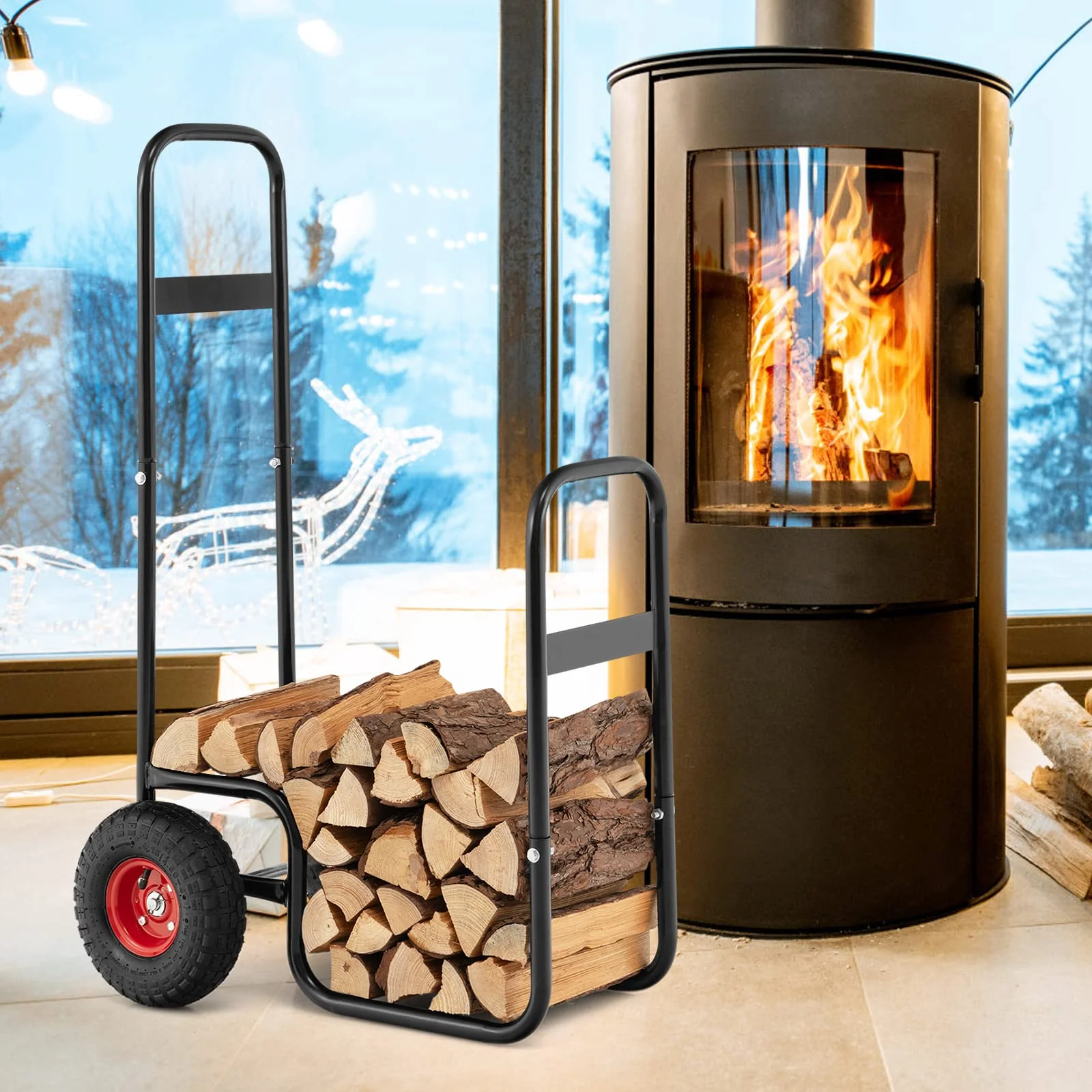 Goplus Firewood Log Cart, Outdoor Indoor Firewood Rack Storage Mover with Wear-Resistant Rubber Wheels - Image 2