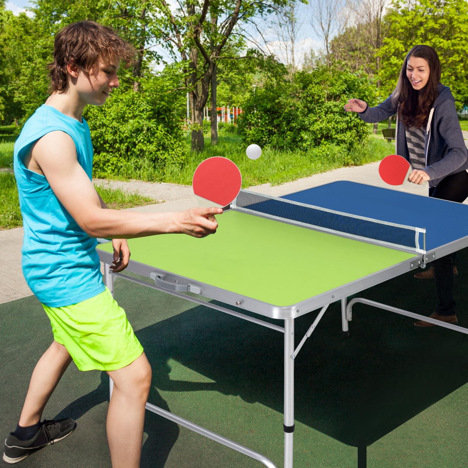 Goplus Foldable Ping Pong Table, 100% Preassembled, Table Tennis Table with Net, 2 Paddles( Blue&Green-47'' ) - Image 8