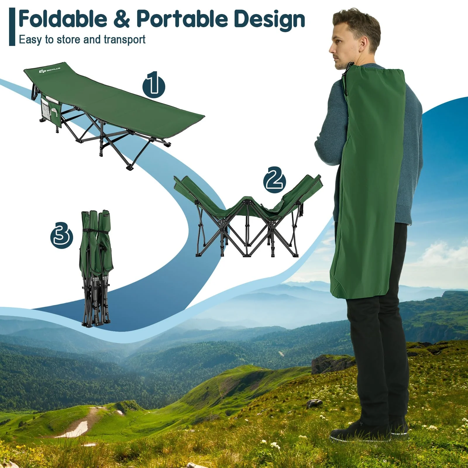 Goplus Folding Camping Cot, 27.5" Sleeping Cot for Adults with Carry Bag, 600LBS Weight Capacity - Image 4