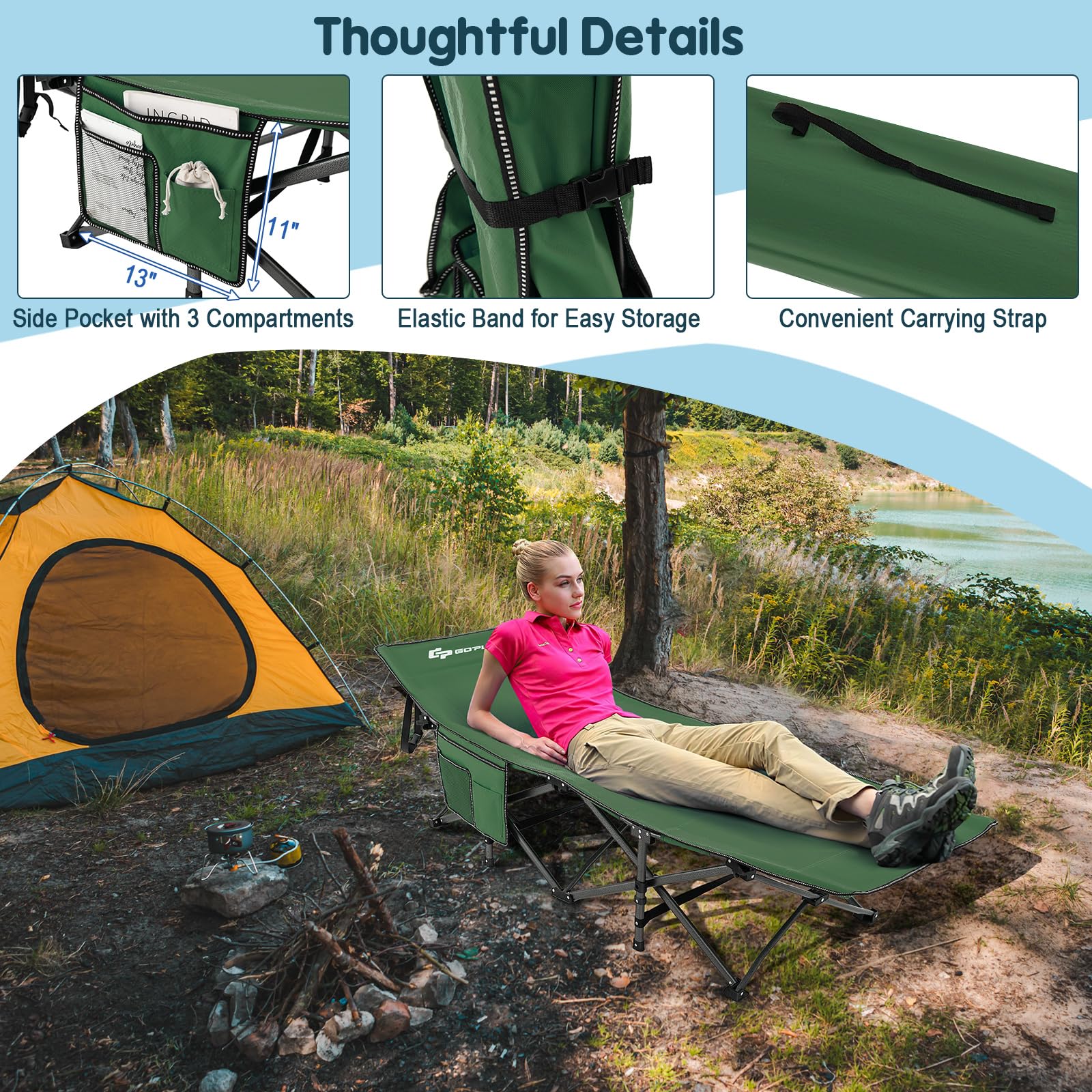 Goplus Folding Camping Cot, 27.5" Sleeping Cot for Adults with Carry Bag, 600LBS Weight Capacity - Image 6