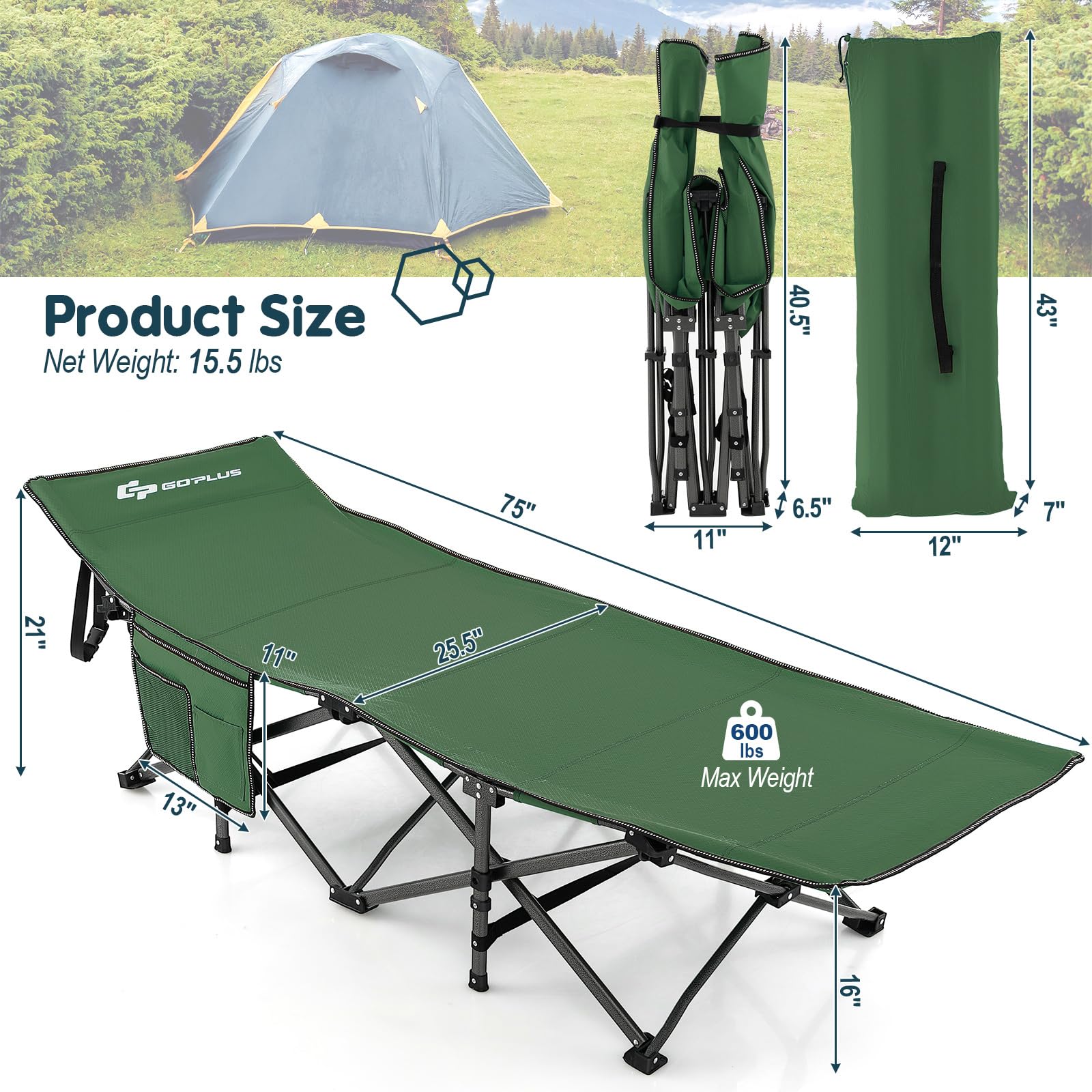 Goplus Folding Camping Cot, 27.5" Sleeping Cot for Adults with Carry Bag, 600LBS Weight Capacity - Image 8