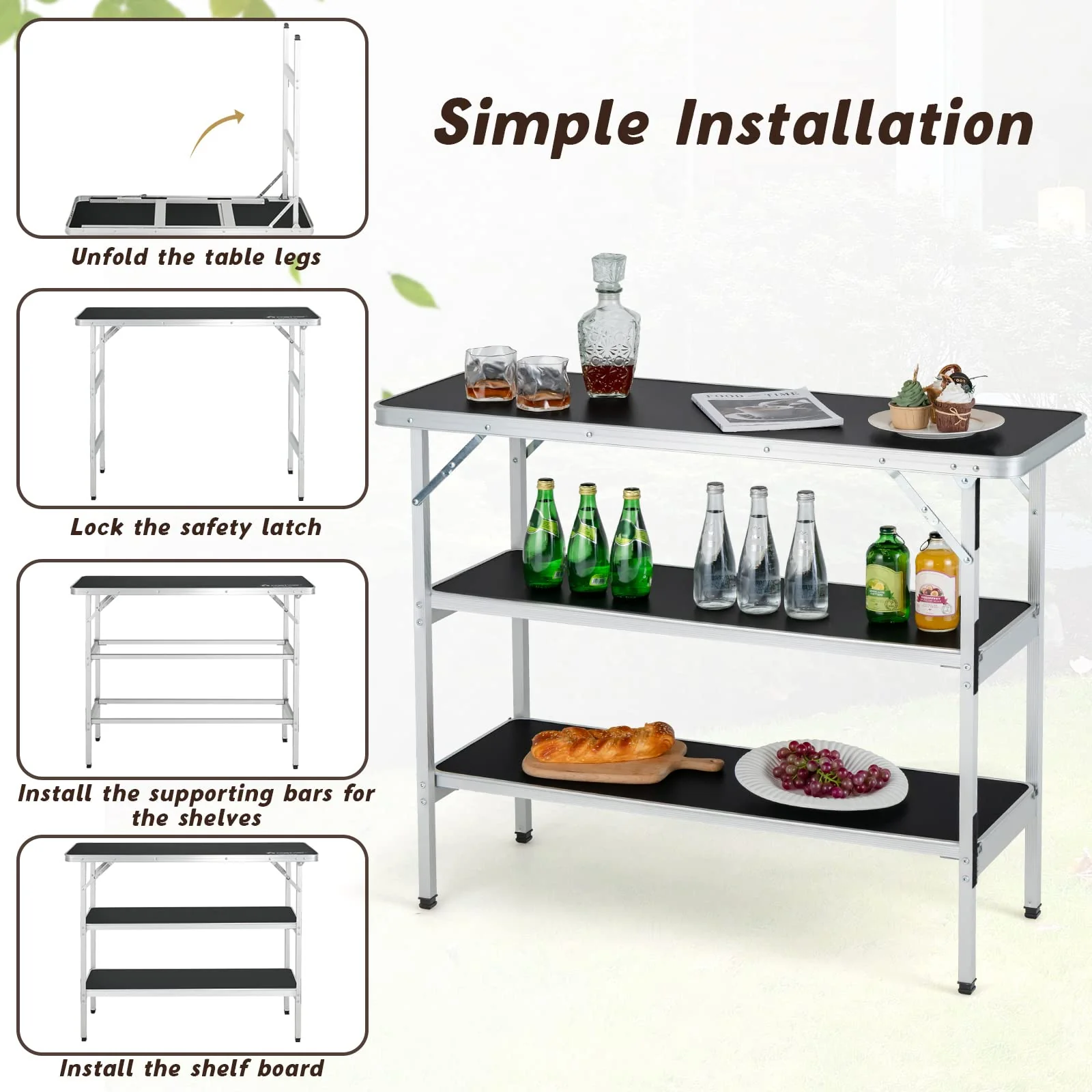 Goplus Folding Camping Table, Aluminum Portable Pop-Up Bar Table with 2-Tier Storage Shelves - Image 12