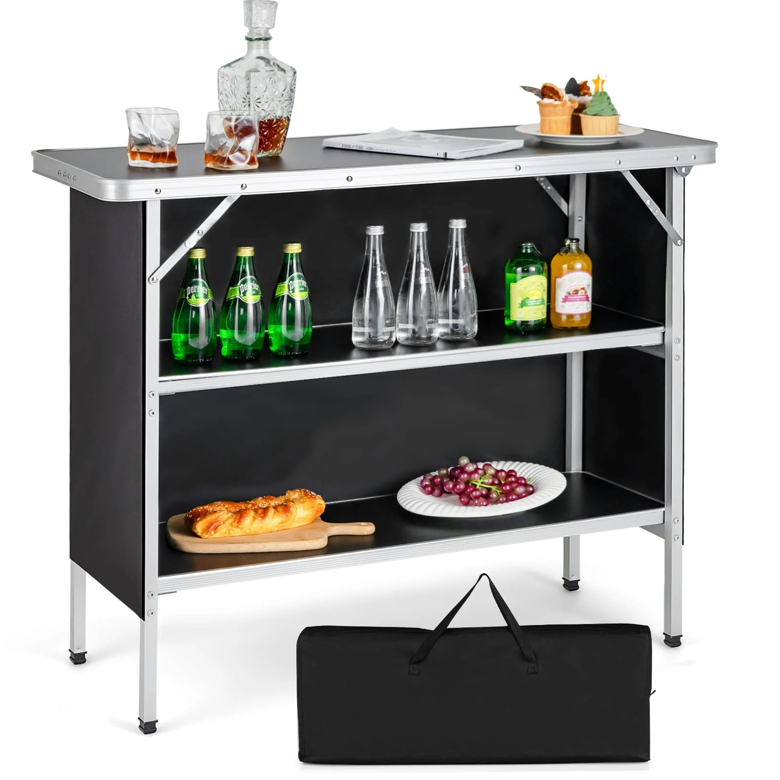 Goplus Folding Camping Table, Aluminum Portable Pop-Up Bar Table with 2-Tier Storage Shelves - Image 8