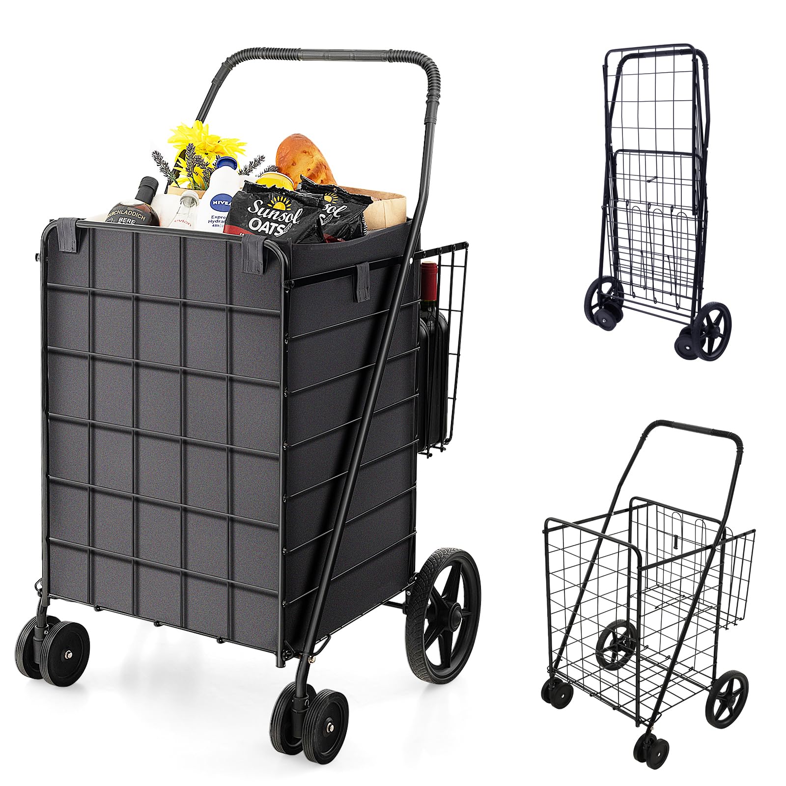 Goplus Folding Shopping Cart for Groceries, 330 LBS Weight Capacity, 360-degree Rolling Swivel Wheels and Double Basket