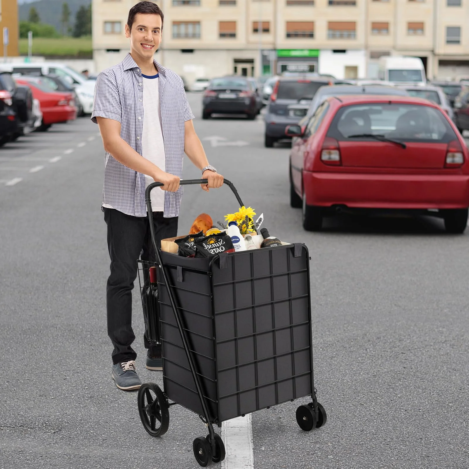 Goplus Folding Shopping Cart for Groceries, 330 LBS Weight Capacity, 360-degree Rolling Swivel Wheels and Double Basket - Image 2