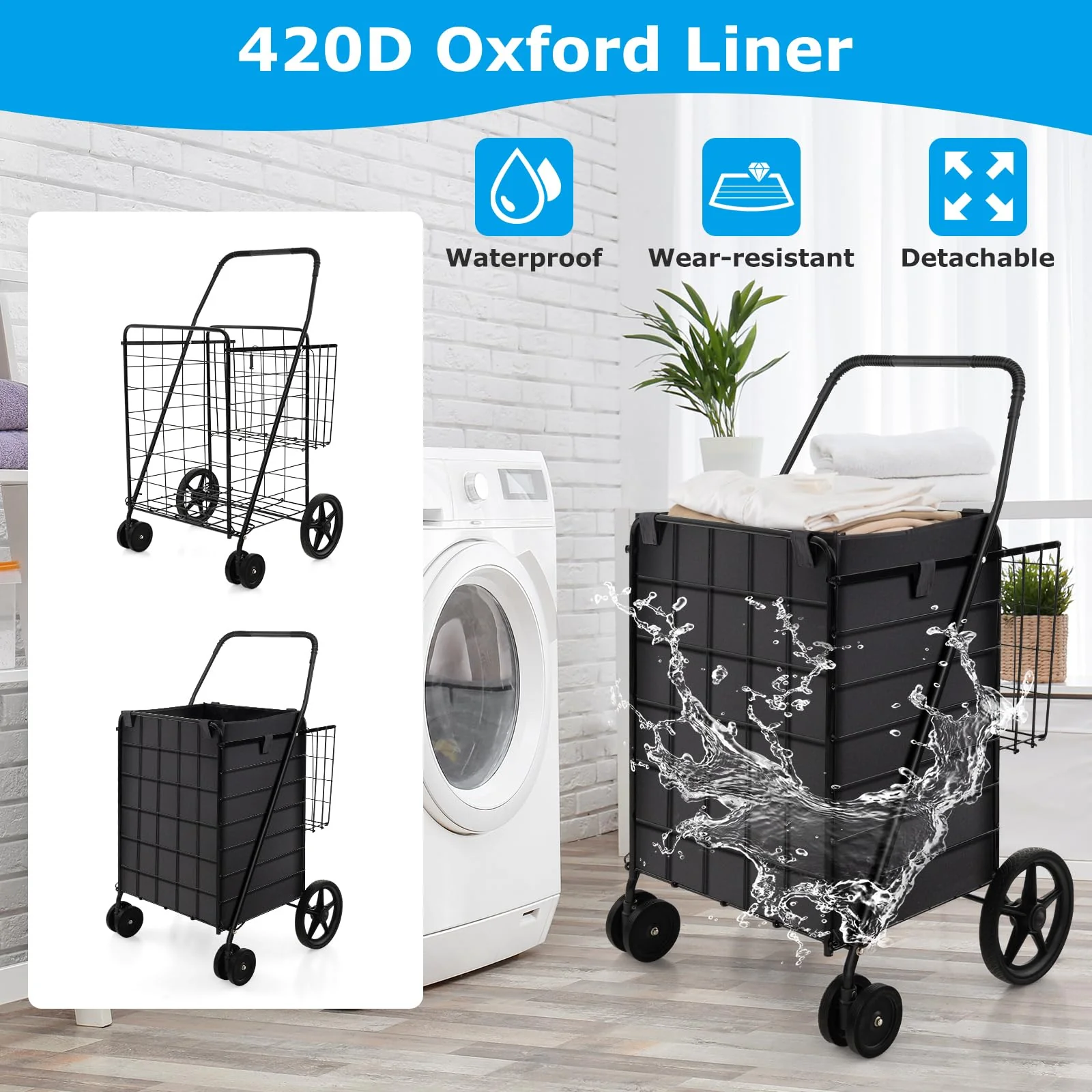 Goplus Folding Shopping Cart for Groceries, 330 LBS Weight Capacity, 360-degree Rolling Swivel Wheels and Double Basket - Image 5