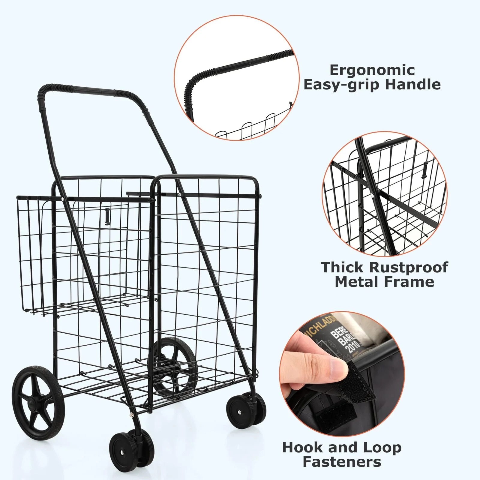 Goplus Folding Shopping Cart for Groceries, 330 LBS Weight Capacity, 360-degree Rolling Swivel Wheels and Double Basket - Image 7