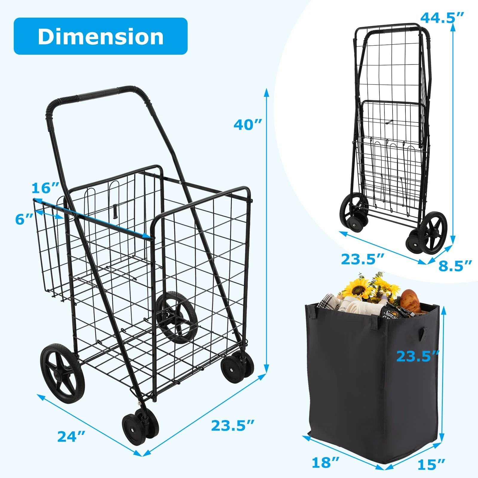 Goplus Folding Shopping Cart for Groceries, 330 LBS Weight Capacity, 360-degree Rolling Swivel Wheels and Double Basket - Image 8