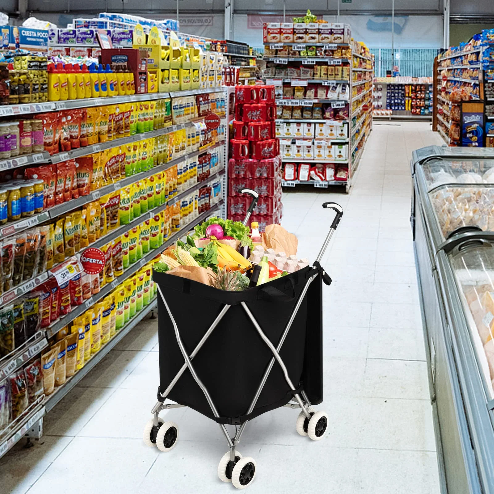 Goplus Folding Shopping Cart with Wheels, Grocery Cart with Removable Oxford Cloth Liner - Image 18