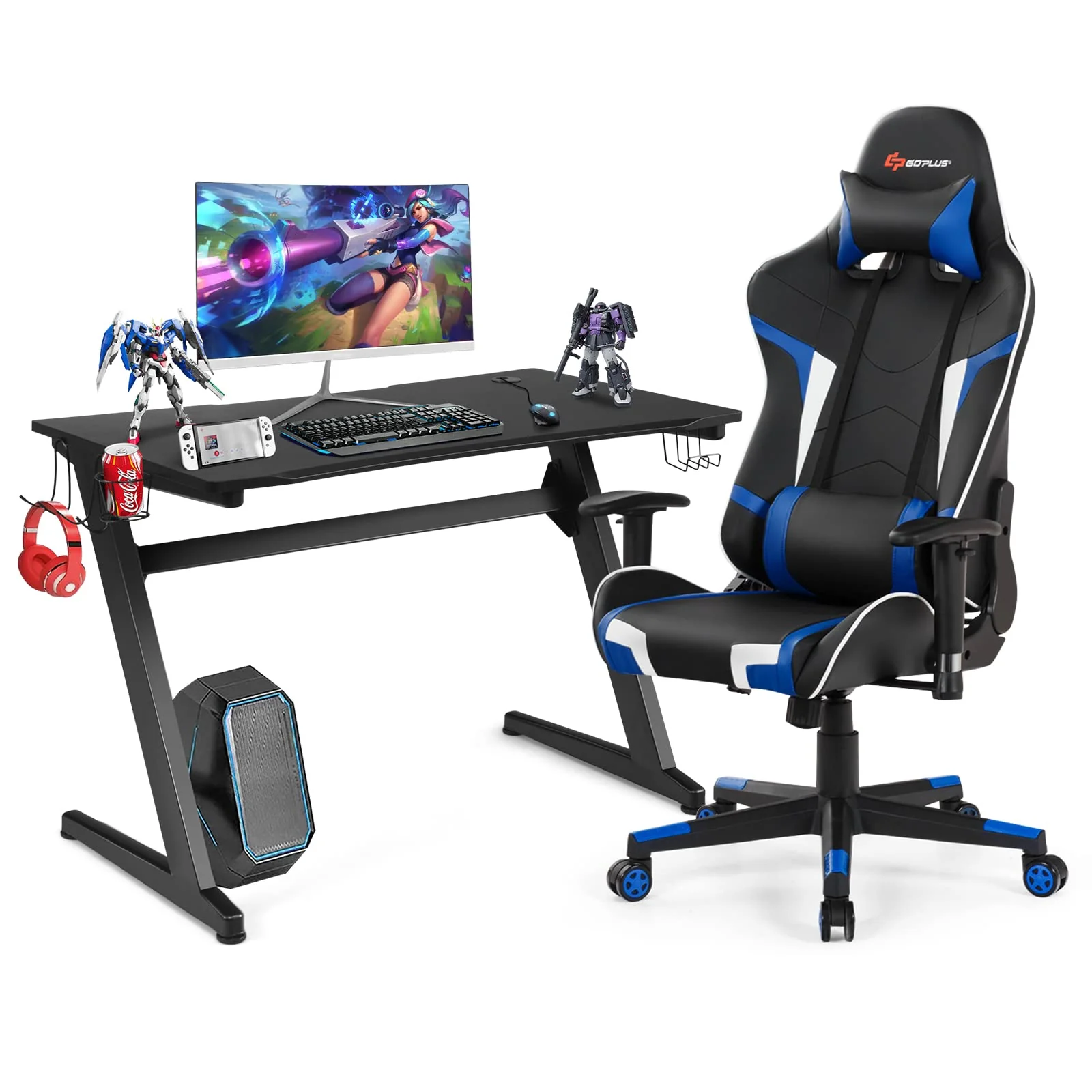 Goplus Gaming Desk & Chair Combo Set, Racing Style Home Office Chair & Desk w/Cup Holder, Headphone Hook & Mouse Pad