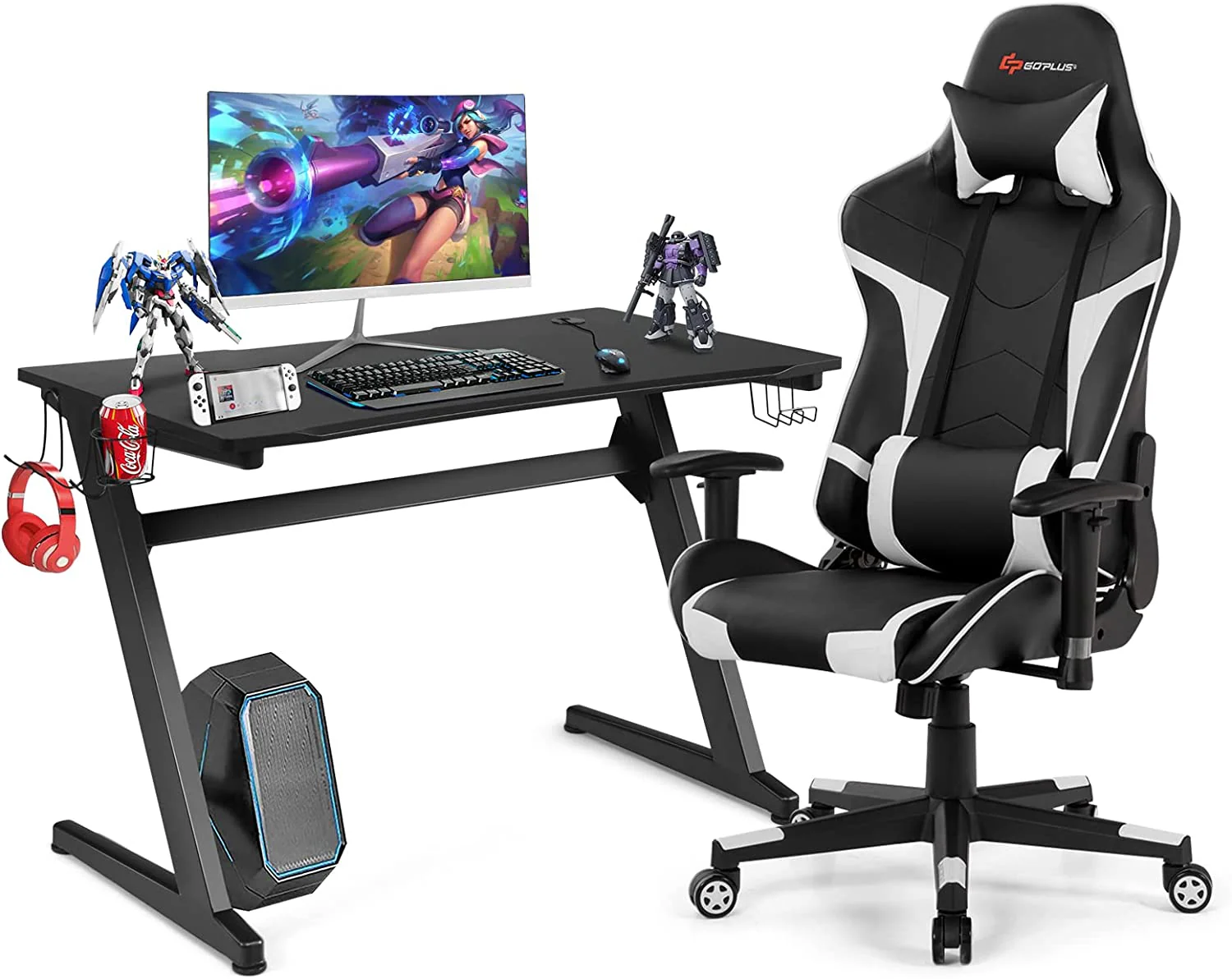 Goplus Gaming Desk & Chair Combo Set, Racing Style Home Office Chair & Desk w/Cup Holder, Headphone Hook & Mouse Pad - Image 10