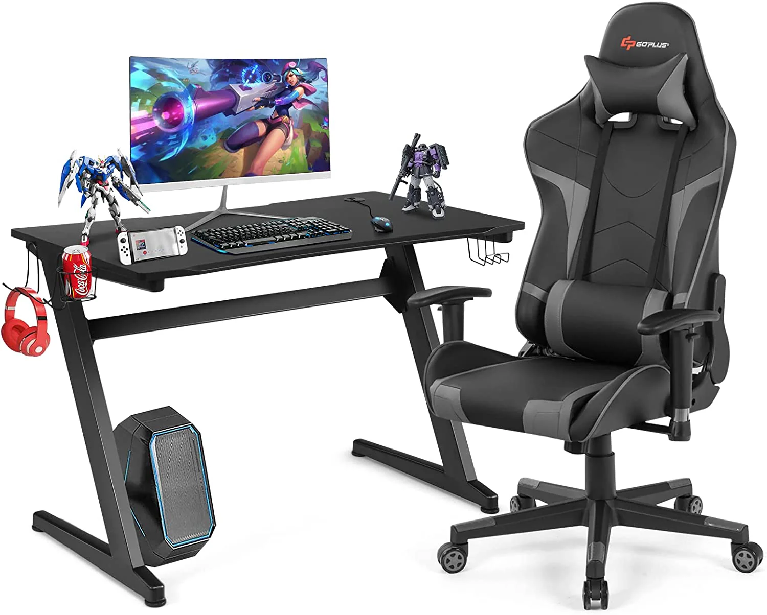 Goplus Gaming Desk & Chair Combo Set, Racing Style Home Office Chair & Desk w/Cup Holder, Headphone Hook & Mouse Pad - Image 11