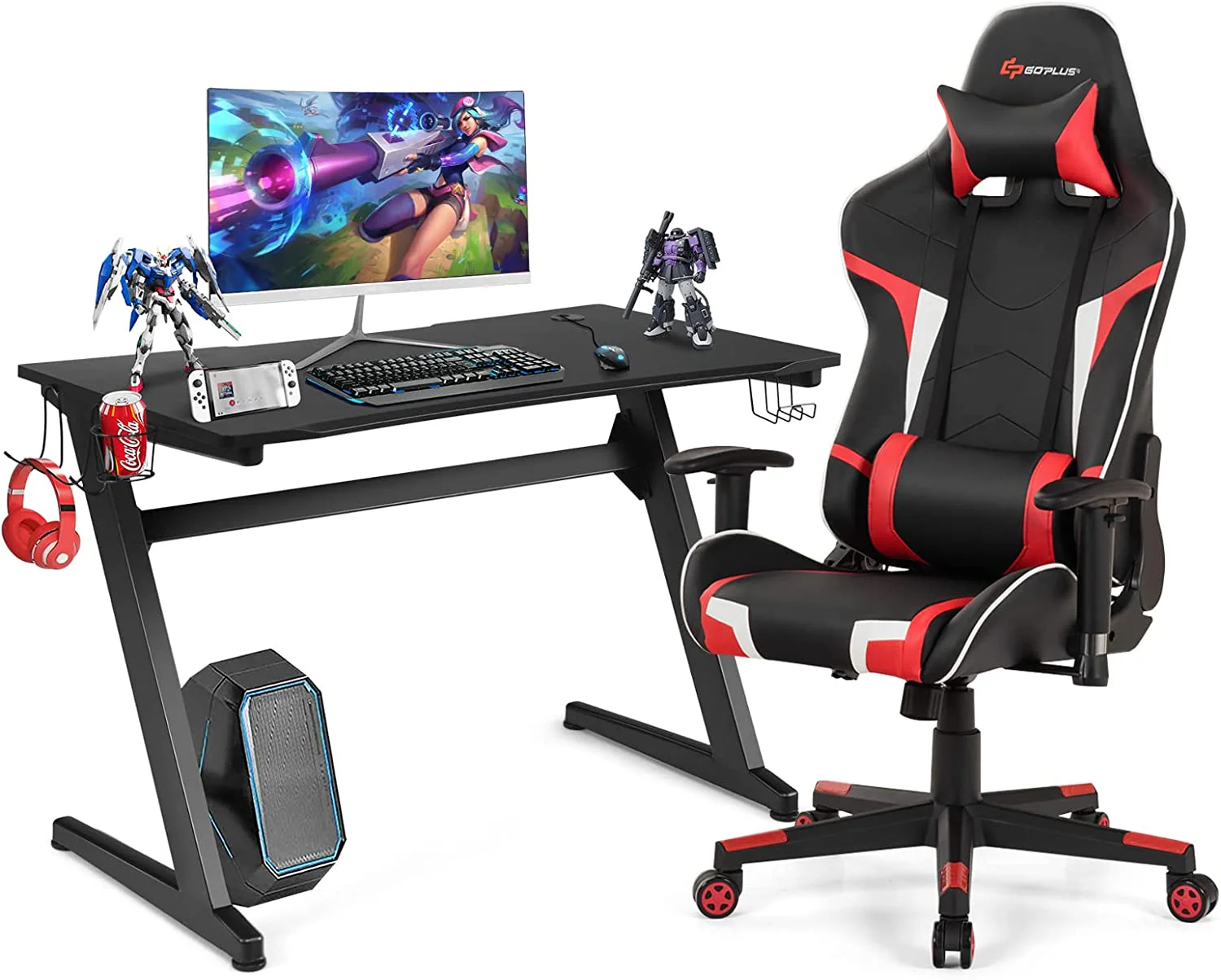 Goplus Gaming Desk & Chair Combo Set, Racing Style Home Office Chair & Desk w/Cup Holder, Headphone Hook & Mouse Pad - Image 12
