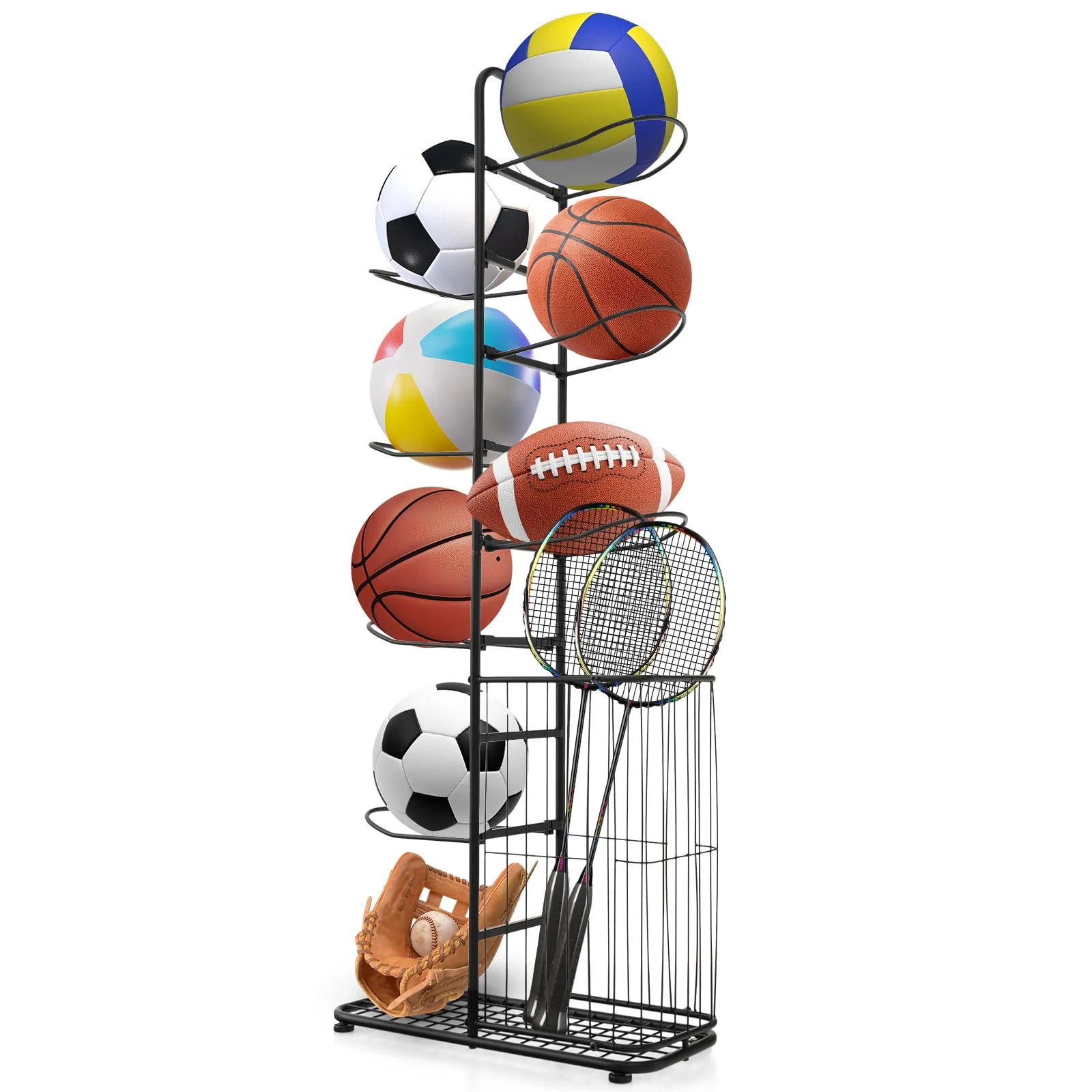 Goplus Garage Sports Equipment Organizer, 7 Ball Storage Rack with Basket, 7-Tier Detachable Stand